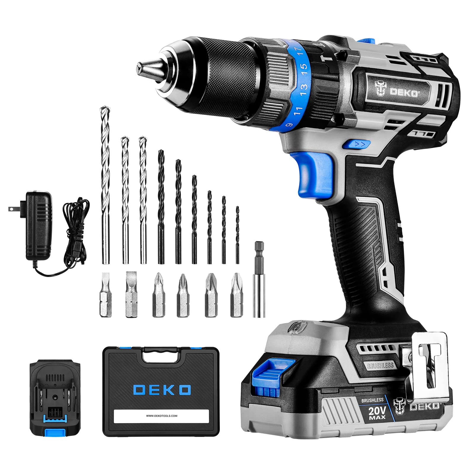 DEKOPRO 20V MAX Brushless Cordless Drill Driver Kit with 2x 2.0Ah Batteries, 550 In-lbs Torque & Impact Hammer - 0-450/2000 RPM, Fast Charger & Accessories - Perfect for DIY Projects, Home Repairs, and Professional Construction Work