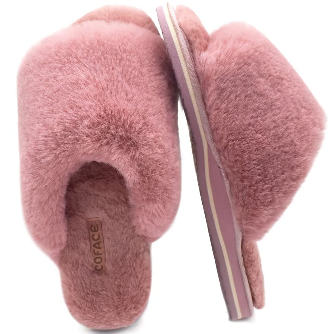 COFACE Women's Fuzzy Slides - Fluffy Faux Fur House Slippers with Arch Support, Open Toe Slip-On Sandals for Indoor/Outdoor Use - Soft & Cozy Yoga Mat Slippers for Home, Lounge, Spa, and Relaxation