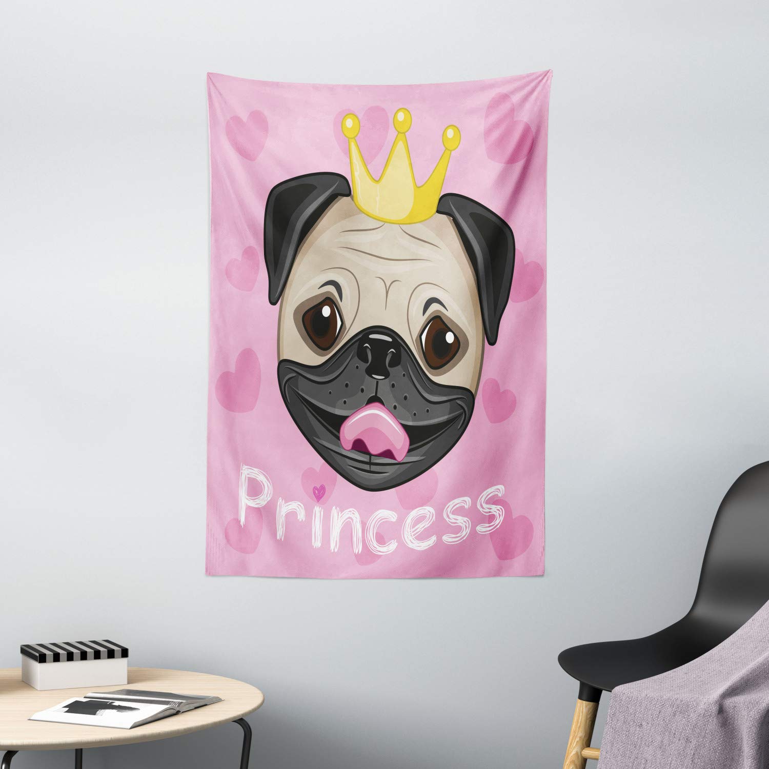 Ambesonne Feminine Tapestry - Happy Smiling Cartoon Pug Dog with Tiara & Pink Hearts Wall Hanging Decor, 40x60 Inches, Yellow Black Pink - Perfect for Bedroom, Living Room, Dorm & Gift Ideas