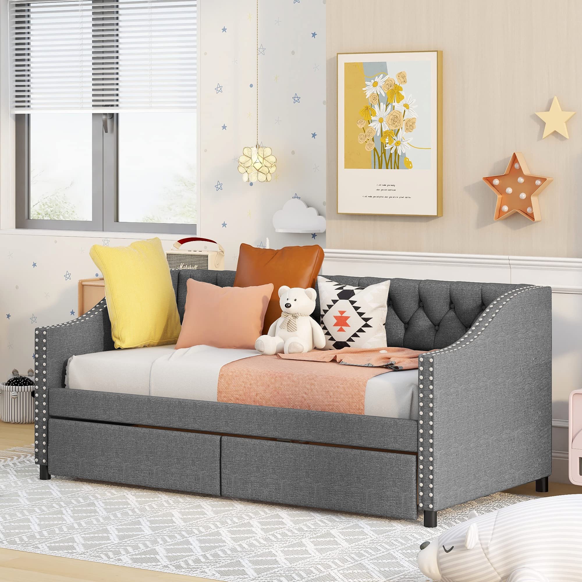 Harper & Bright Designs Upholstered Twin Daybed with Storage Drawers - Wooden Frame Tufted Sofa Bed with Wood Slat Support for Bedroom & Living Room - Grey | Perfect for Guest Rooms, Small Spaces & Multi-Functional Furniture Needs