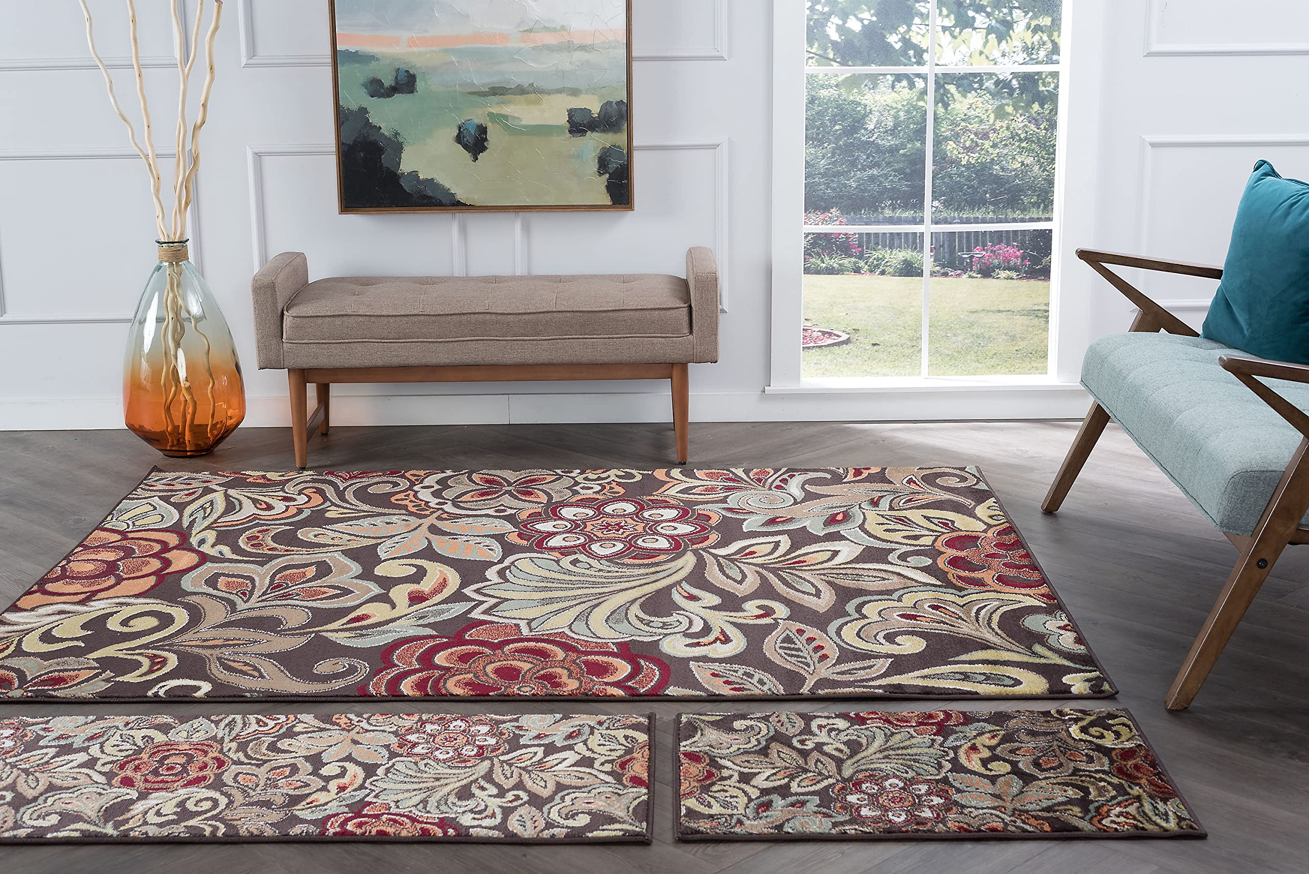 Stylish Dilek Transitional Floral Brown 3-Piece Area Rug Set - Soft Non-Slip Living Room Carpet for Bedroom, Dining Room & Home Decor