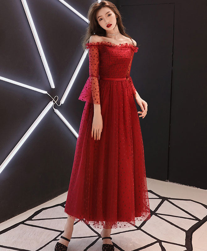 Elegant Burgundy Tulle Lace Tea-Length Prom Dress | A-Line Evening Gown for Homecoming, Wedding Guest & Formal Events