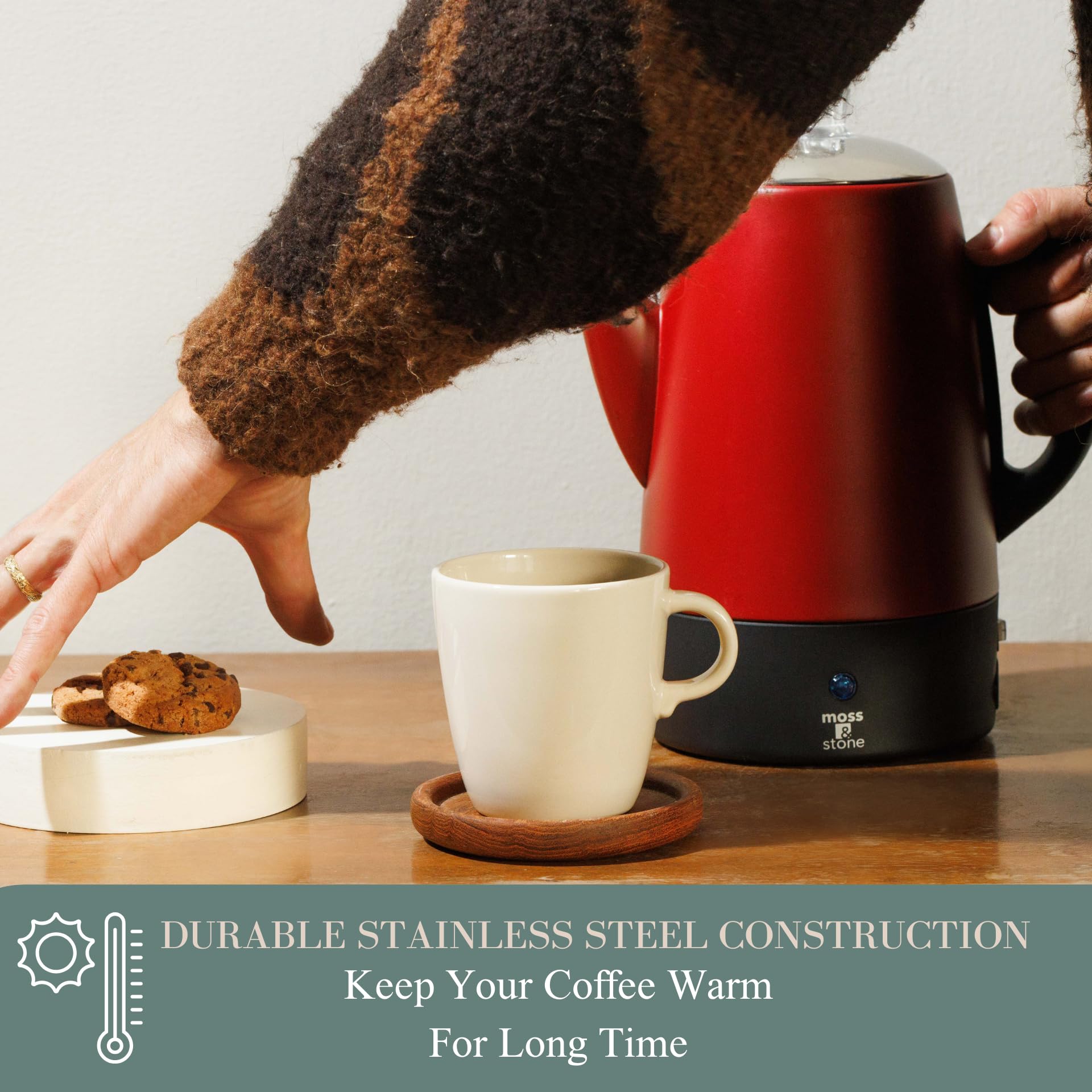 Electric Coffee Percolator - 10 Cup Stainless Steel Camping Coffee Maker with Red Body & Lid for Outdoor, RV, and Home Brewing | Moss & Stone