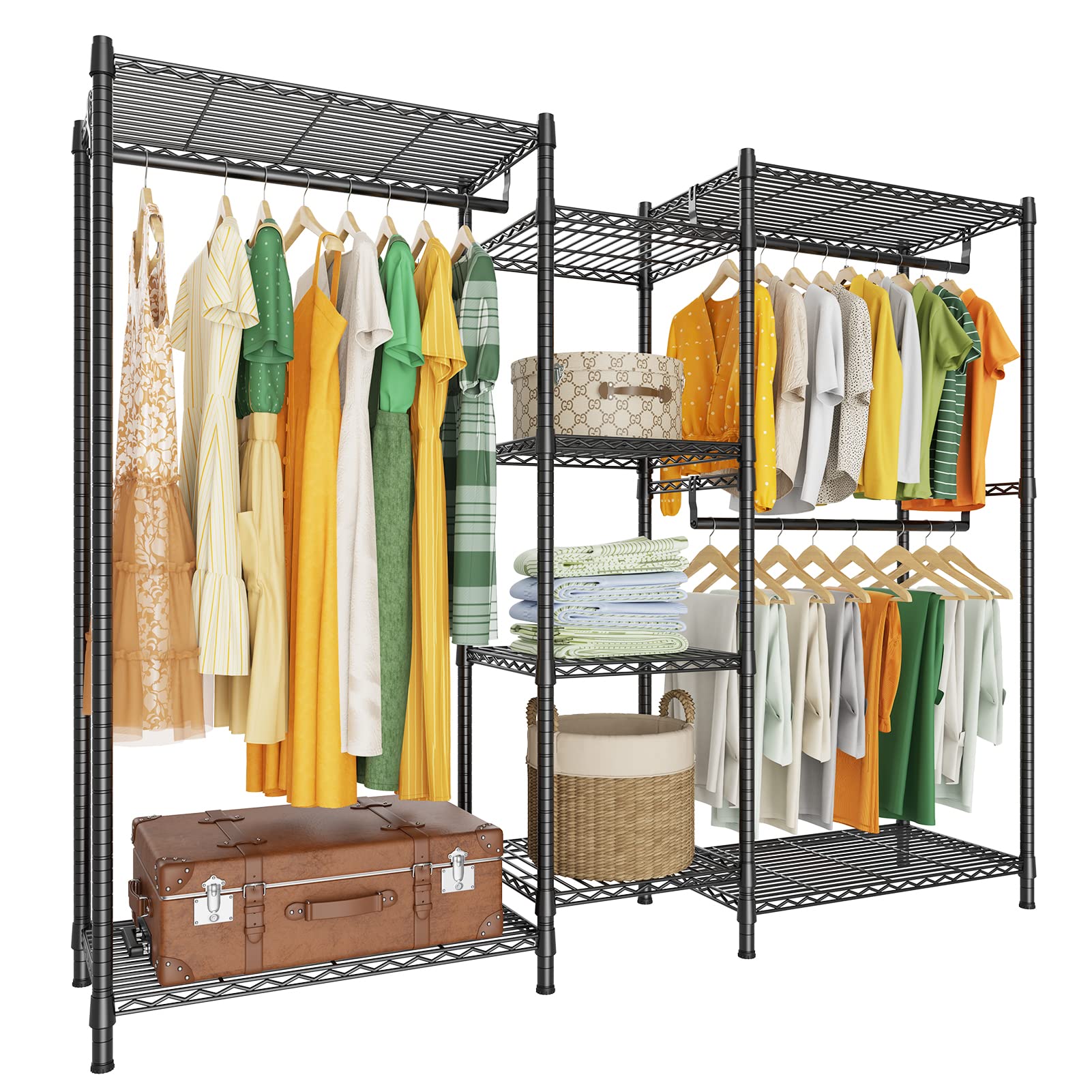 LEHOM G6M Heavy Duty Clothes Rack - Portable Garment Rack with Storage Shelves, Freestanding Metal Clothing Rack Wardrobe for Bedroom Closet Organization (Medium Size) - Perfect for Small Spaces, Laundry Rooms & Dorm Storage
