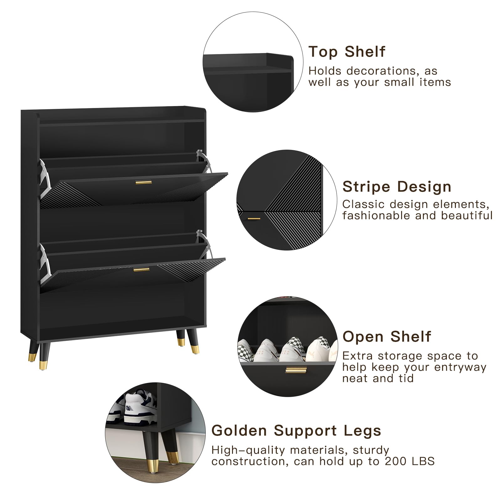 Slim Wooden Shoe Storage Cabinet with 2 Flip Drawers - Freestanding Shoe Organizer with Cubby and Shelf, Holds 24 Pairs - Hidden Narrow Shoe Rack for Entryway, Hallway, Closet, or Bedroom - Black