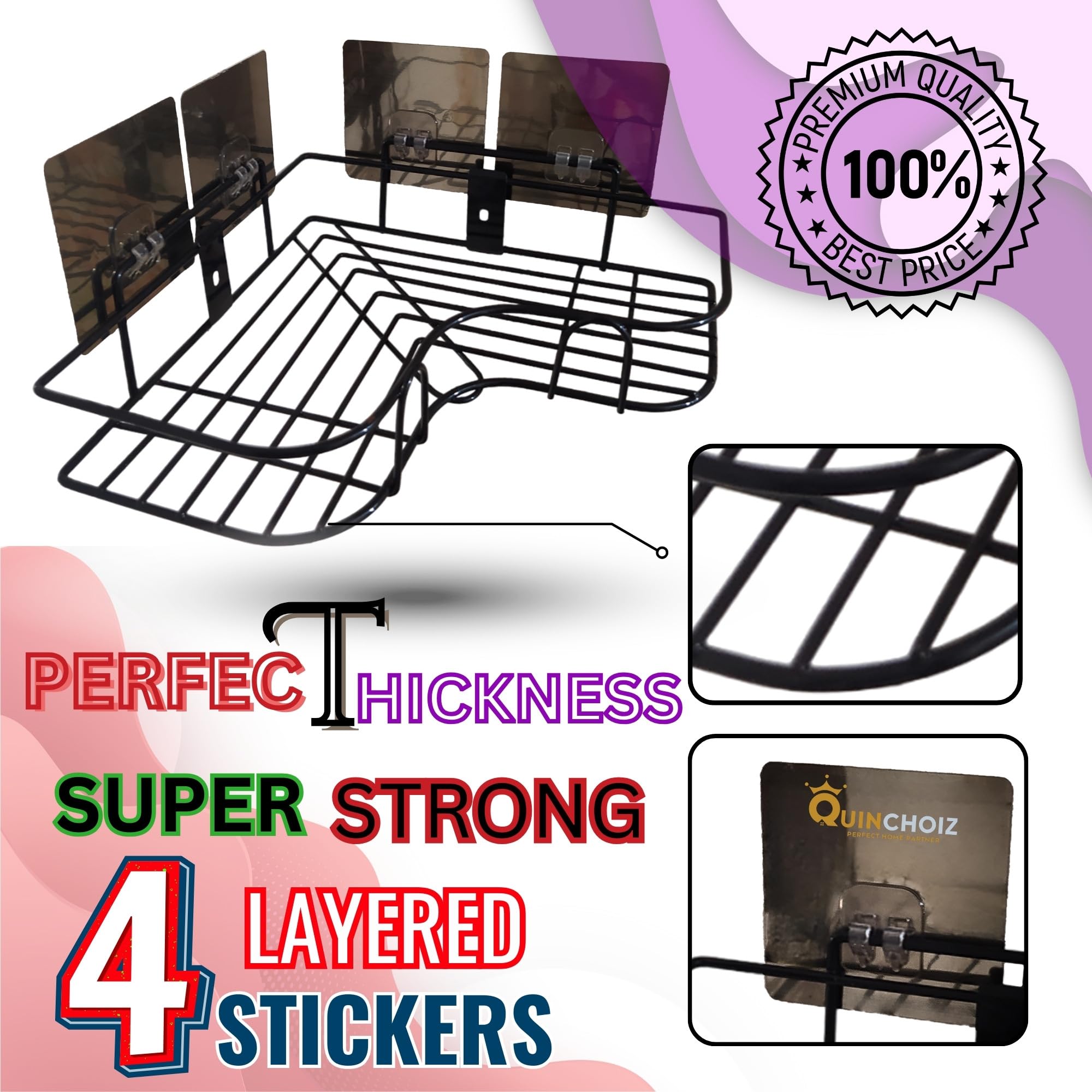 QUINCHOIZ™ Self-Adhesive Corner Shelf for Bathroom & Kitchen - 2 Pack Durable Wall Mounted Bathroom Shelves - Multi-Tier Space Saving Organizer for Shower, Toilet & Vanity - Rustproof Bathroom Storage Solution for Small Spaces