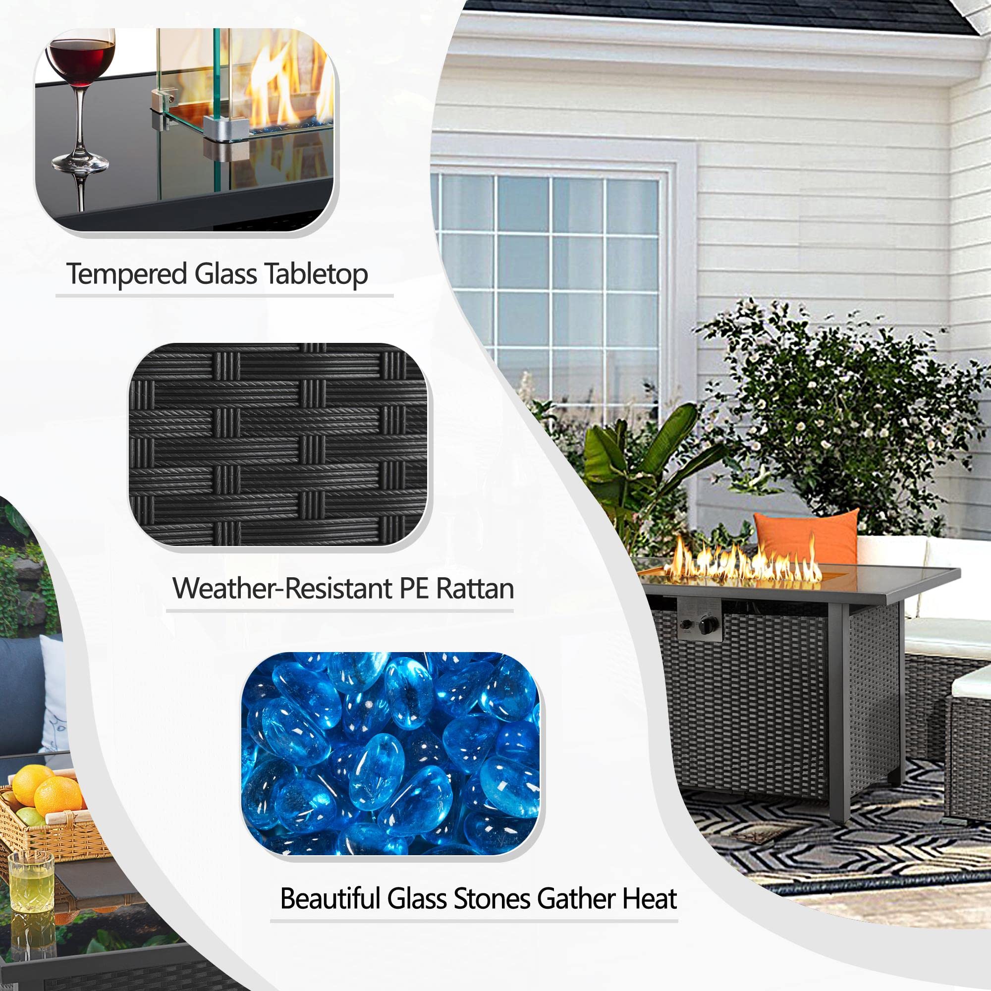 Topeakmart 43 Inch Outdoor Propane Fire Pit Table - 50,000 BTU Gas Fire Pit with Tempered Glass Top & Rattan Wicker Base - Includes Fire Glass Stones - Perfect for Patio, Garden, Backyard, Deck & Outdoor Parties - 2-in-1 Heating & Entertainment Solution