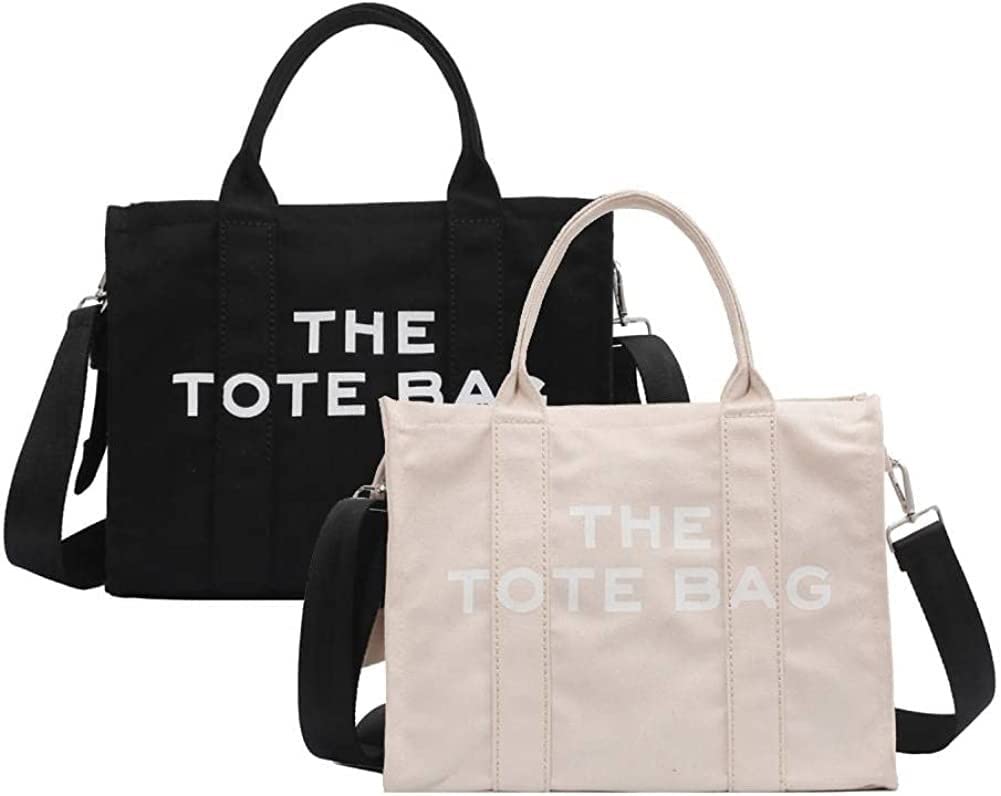 YAOSH Canvas Tote Bag for Women & Men - Large Capacity Crossbody Shoulder Bag with Letter Print - 2-Pack Set (Black+Beige) - Perfect for Shopping, Travel, Work & Daily Use