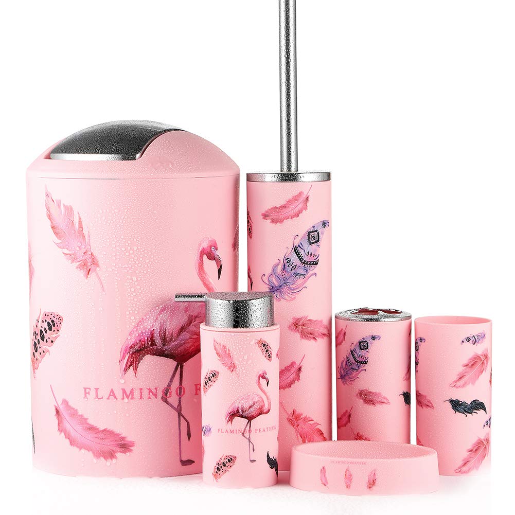 6-Piece Plastic Bathroom Accessories Set - Toothbrush Holder, Cup, Soap Dish, Hand Sanitizer Bottle, Trash Can & Toilet Brush (Flamingo Design) - Perfect for Bathroom Organization and Home Decor