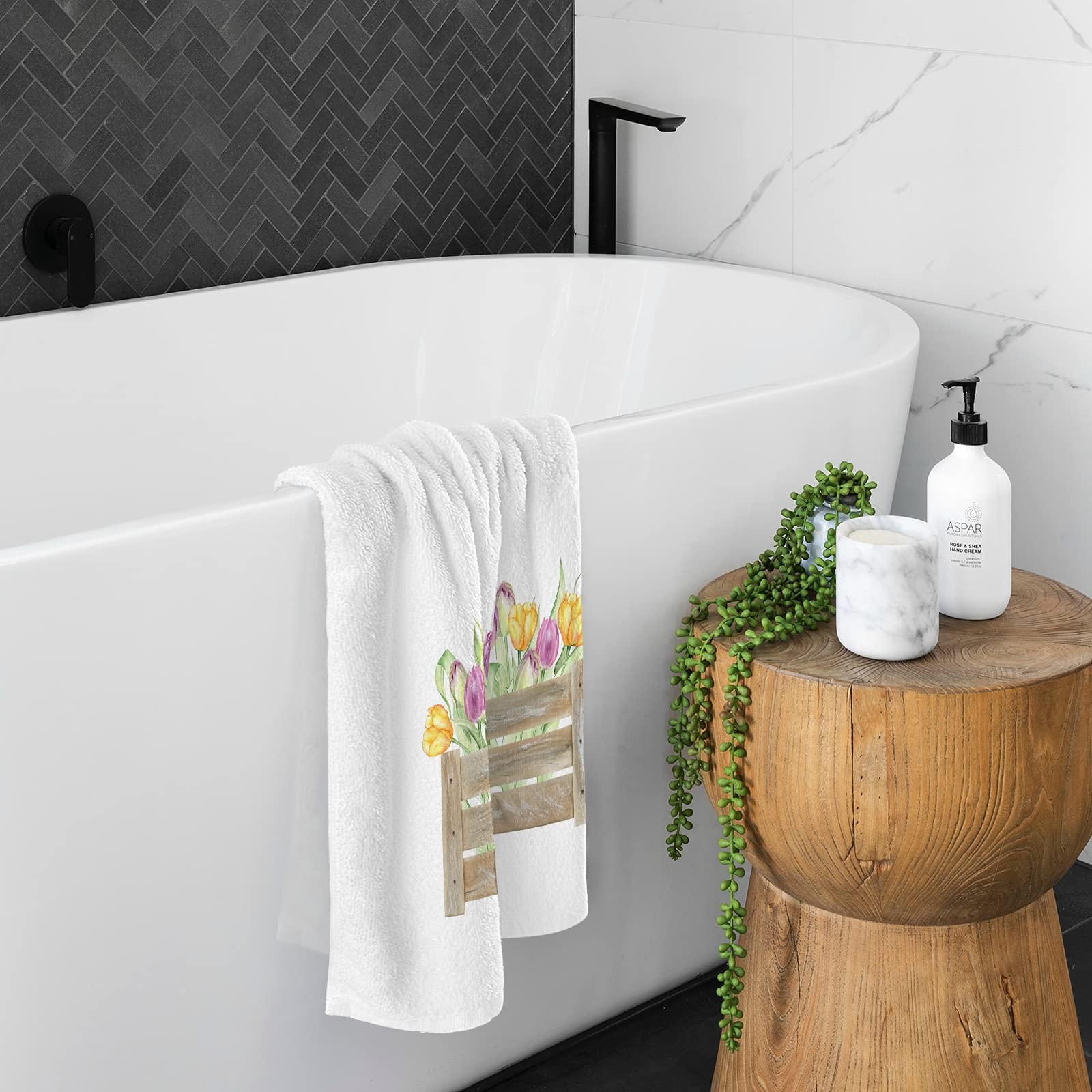 ALAZA Yellow Tulip Cotton Hand Towel Set of 2 - 16x30 Inch Soft & Absorbent Bath Towels for Hotel, Spa & Home Bathroom Decor - Perfect for Guest Rooms, Luxury Bathrooms & Gifting