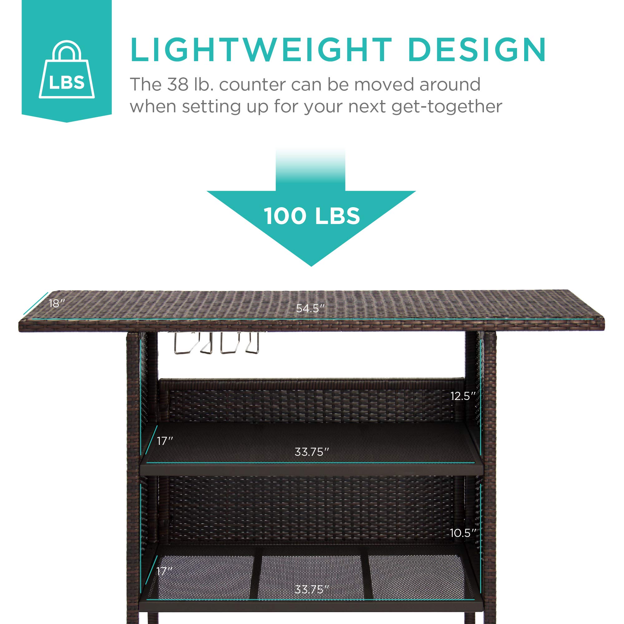 Best Choice Products Outdoor Patio Bar Table - Wicker Counter Height Table with 2 Steel Shelves & Rails - Brown Backyard Furniture for Garden, Poolside, or BBQ Entertaining