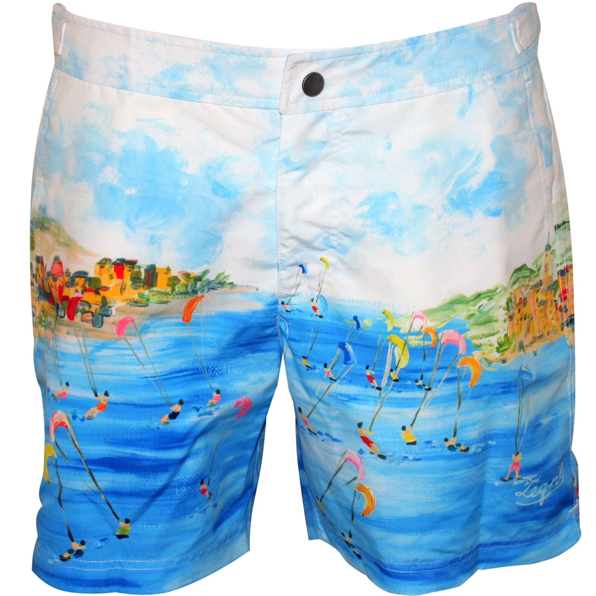 Ermenegildo Zegna Lerici Seaview Print Men's Swim Shorts - Quick Dry Swim Trunks for Men, Comfortable Beach Shorts with Pockets, Azure Blue - Perfect for Pool, Beach Vacation & Summer Water Activities