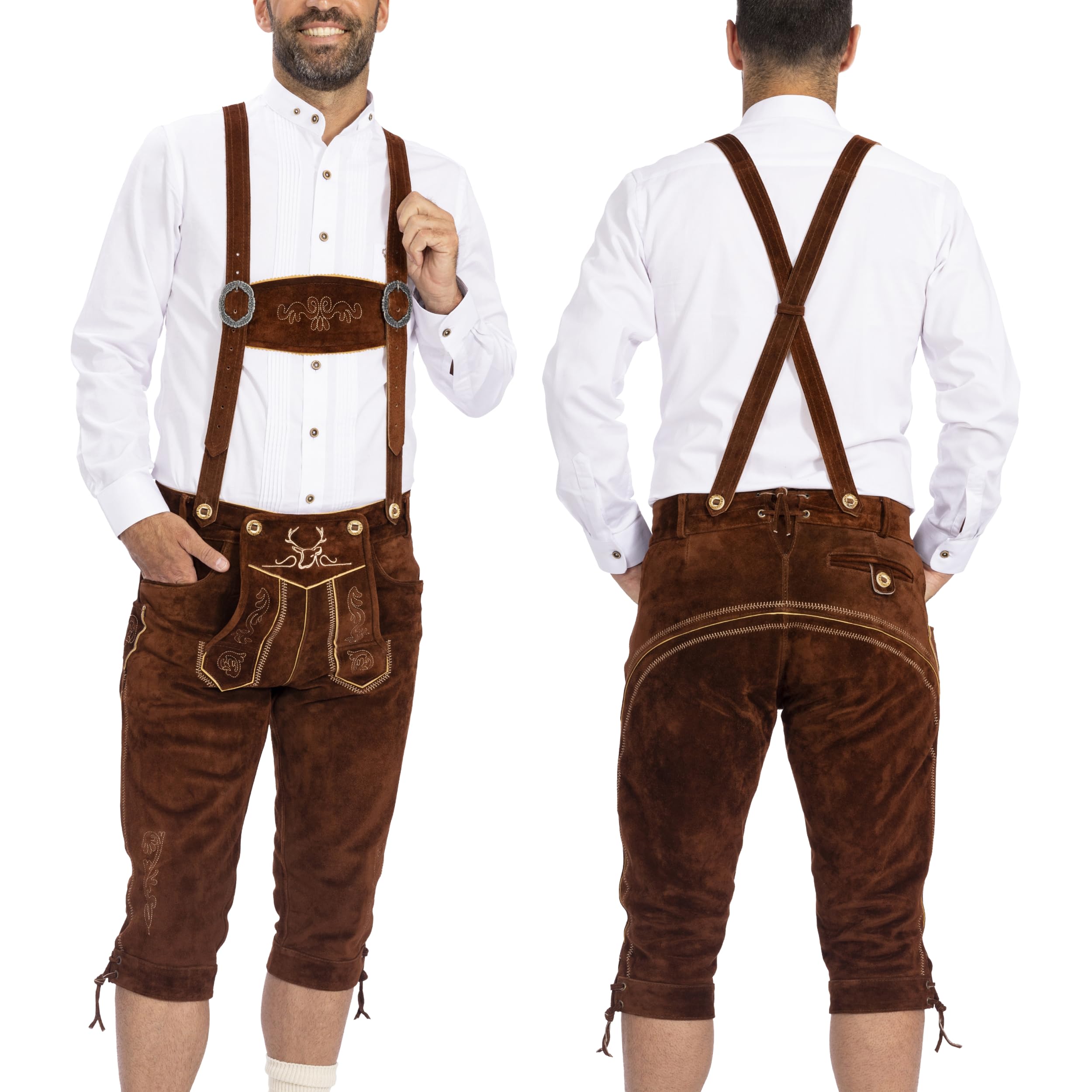 Authentic German Lederhosen for Men - Genuine Leather Bavarian Oktoberfest Pants, Traditional Dark Brown Leather Shorts - Perfect for Oktoberfest, Beer Festivals, Cultural Events & German Theme Parties