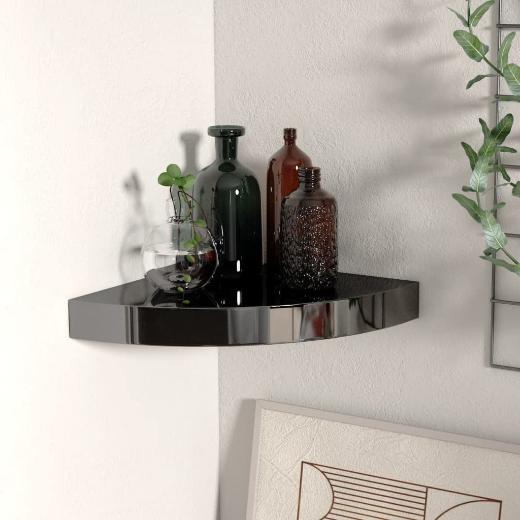 Corner Floating Shelves Wall Mounted - High Gloss Black MDF Display Shelf for Bathroom, Bedroom, Kitchen & Garage - 9.8