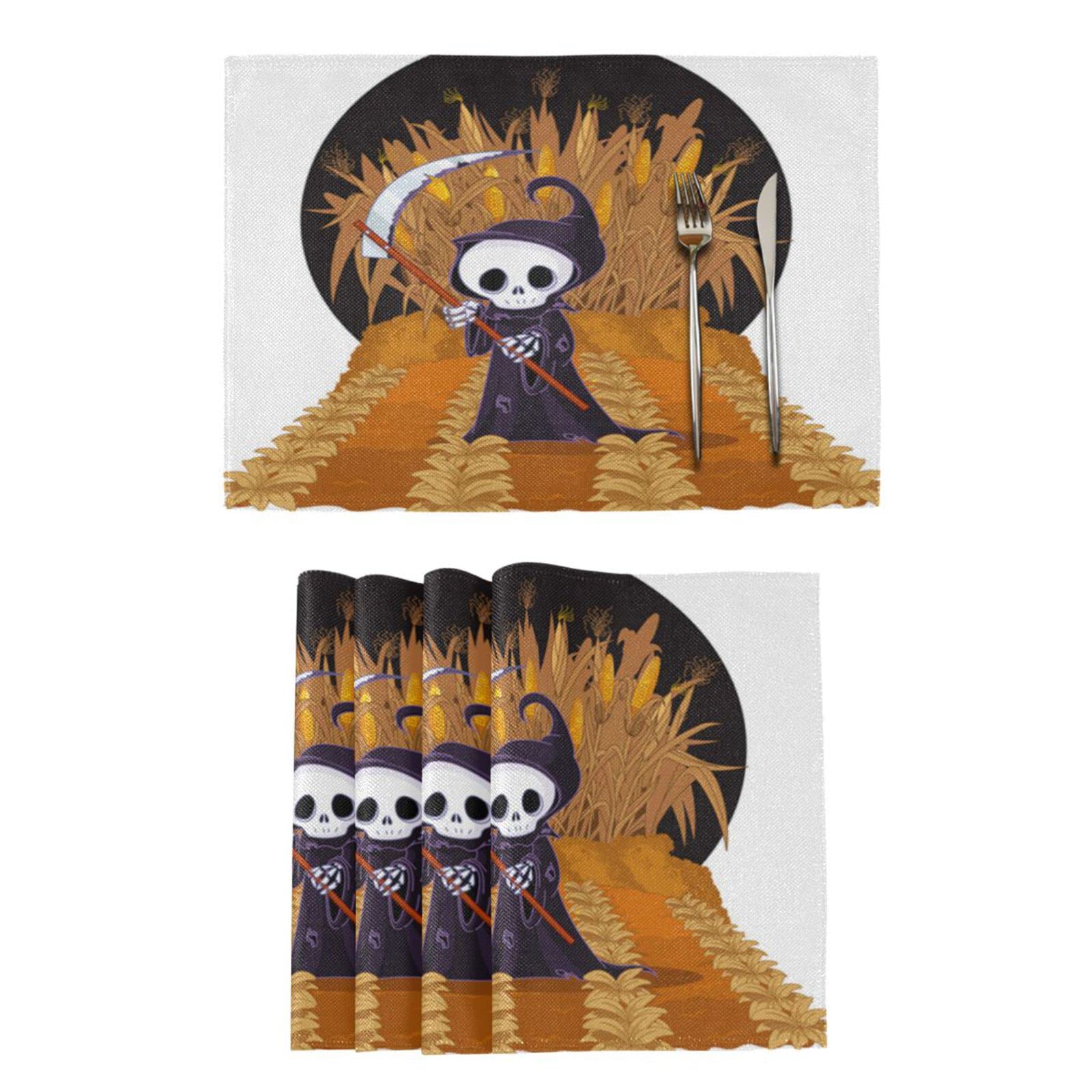 Halloween Grim Reaper Placemats Set of 4 - 12x18 Inch Washable & Heat Resistant Cloth Table Mats for Kitchen Dining - Corn Maze Themed Decor - Perfect for Spooky Dinner Parties & Halloween Home Decor