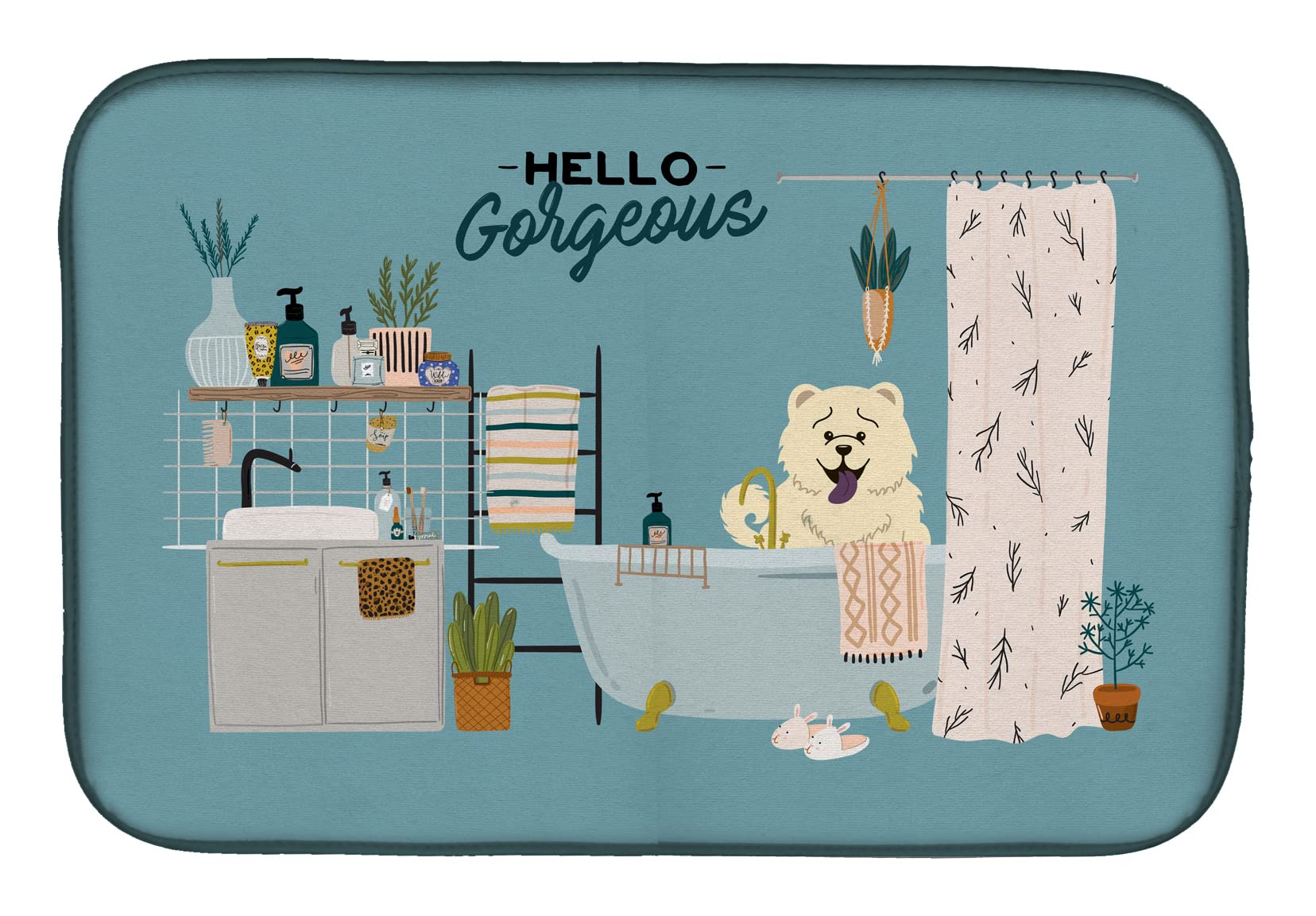 White Chow Chow Dish Drying Mat - Absorbent Kitchen Counter Pad (14x21