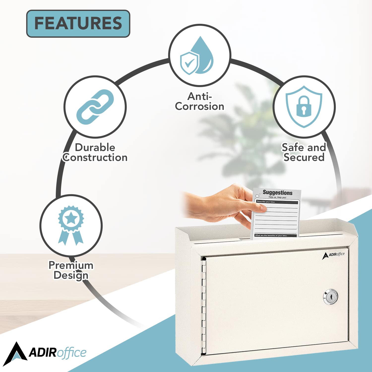 Adir Corp. Wall Mountable Steel Suggestion Box with Lock - Heavy Duty Key Lock Security Box for Donations, Collections, Ballots & Documents (9.75x7x3 Inches, White) - Ideal for Offices, Schools, Retail Stores & Public Spaces