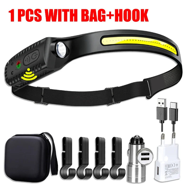 USB Rechargeable LED Sensor Headlamp - XPE+COB Bright Headlight with Motion Detection, Adjustable Head Torch for Camping, Hiking, Fishing & Outdoor Activities | Waterproof Flashlight for Night Work & Emergency Use