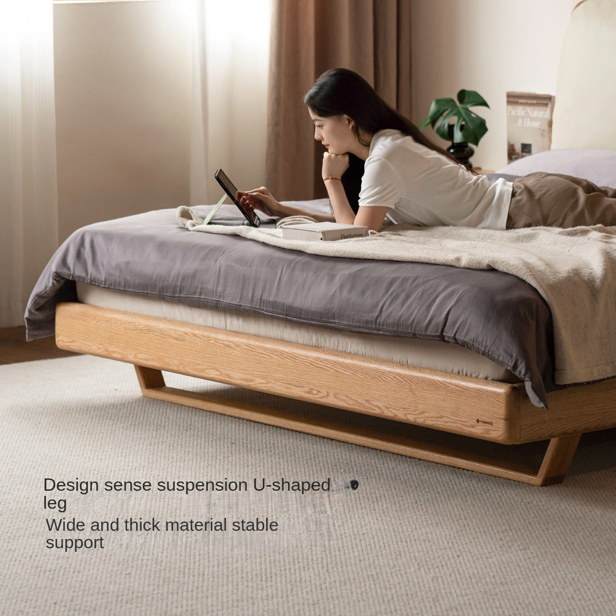 Italian Light Luxury Oak & Ash Solid Wood Leather Upholstered Suspended Bed - Elegant Master Bedroom Furniture for Modern Home Decor