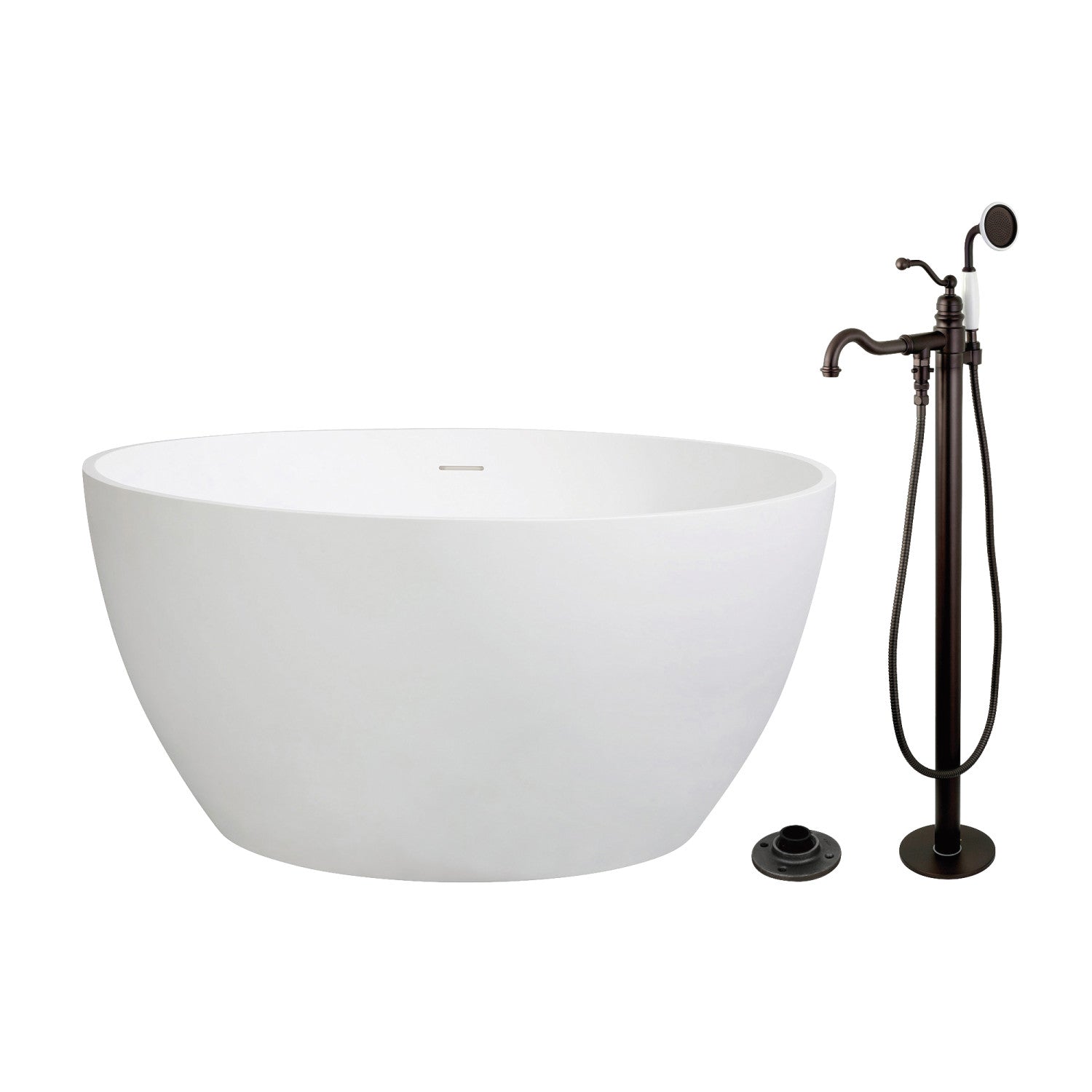 45 Inch Freestanding Soaking Bathtub - Oil Rubbed Bronze Double Ended Tub with Faucet Combo | Solid Surface Round Design for Modern Bathrooms | Perfect for Spa-Like Relaxation and Luxury Home Retreats