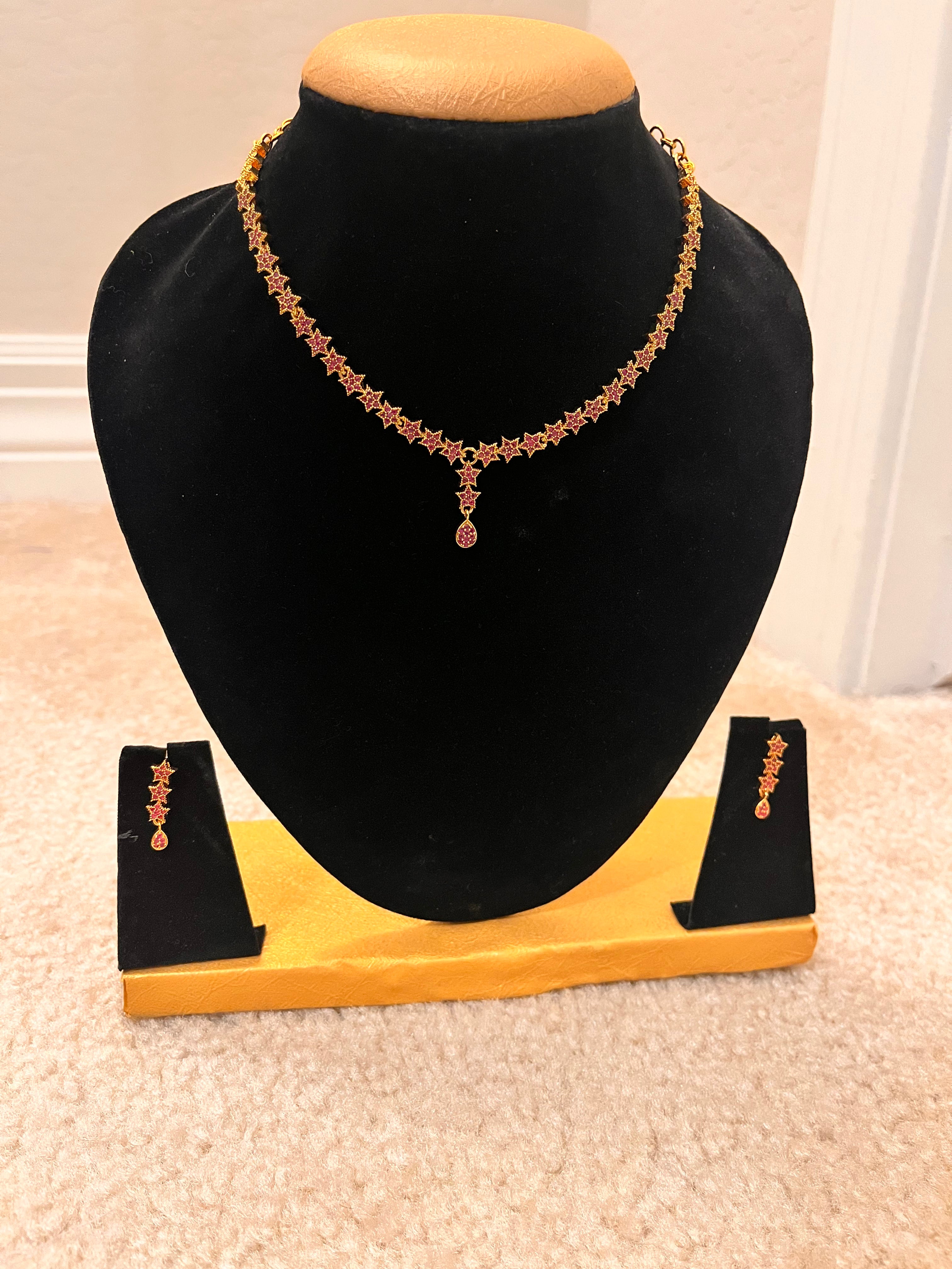 Elegant Gold Plated Pink Stone Star Necklace Set for Women - Perfect for Parties, Weddings & Special Occasions