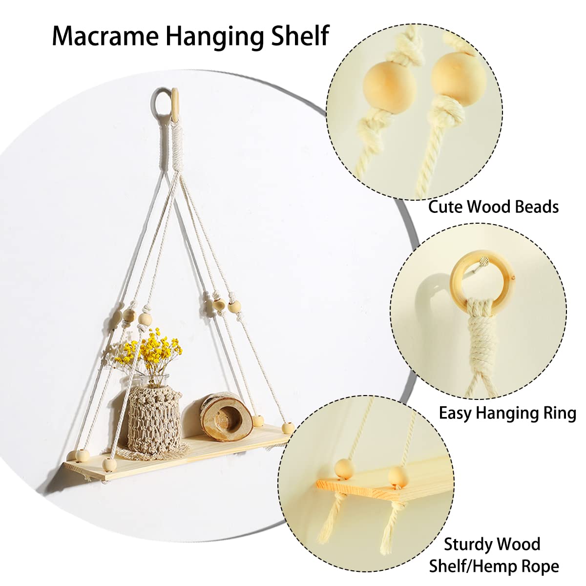 Artilady 2 Pack Wooden Wall Hanging Shelves - Macrame Plant Shelf Boho Decor, Handmade Rustic Floating Shelves for Plants, Flower Pots & Home Storage | Perfect for Living Room, Bedroom & Balcony Decor