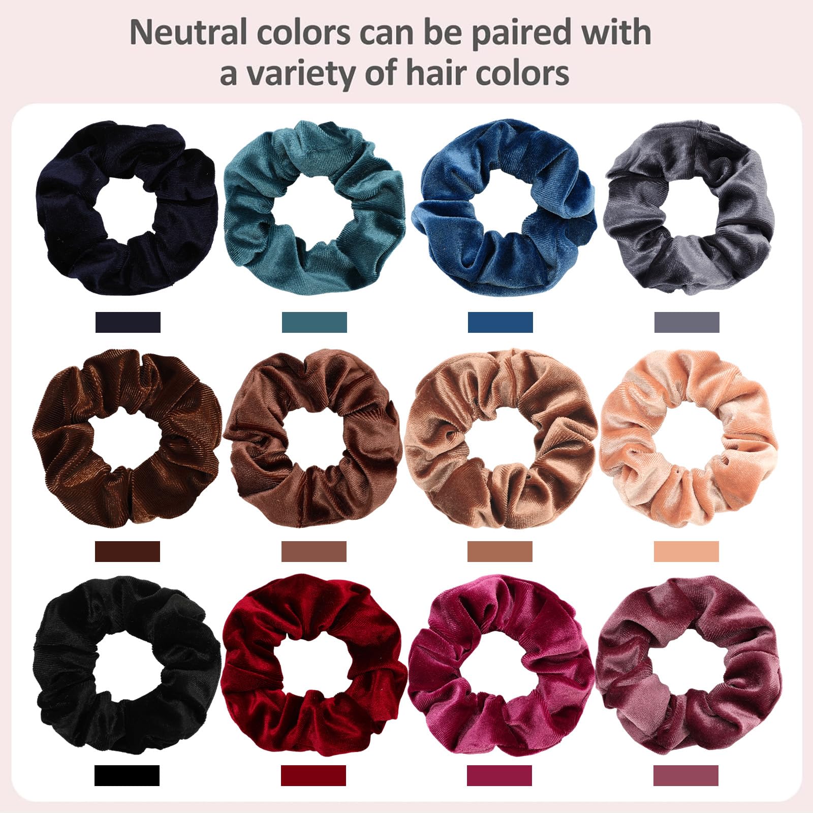 Whaline 12 Pack Velvet Hair Scrunchies - Soft Elastic Hair Bands for Women & Girls (12 Colors) - Perfect for Work, Gym, and Everyday Styling