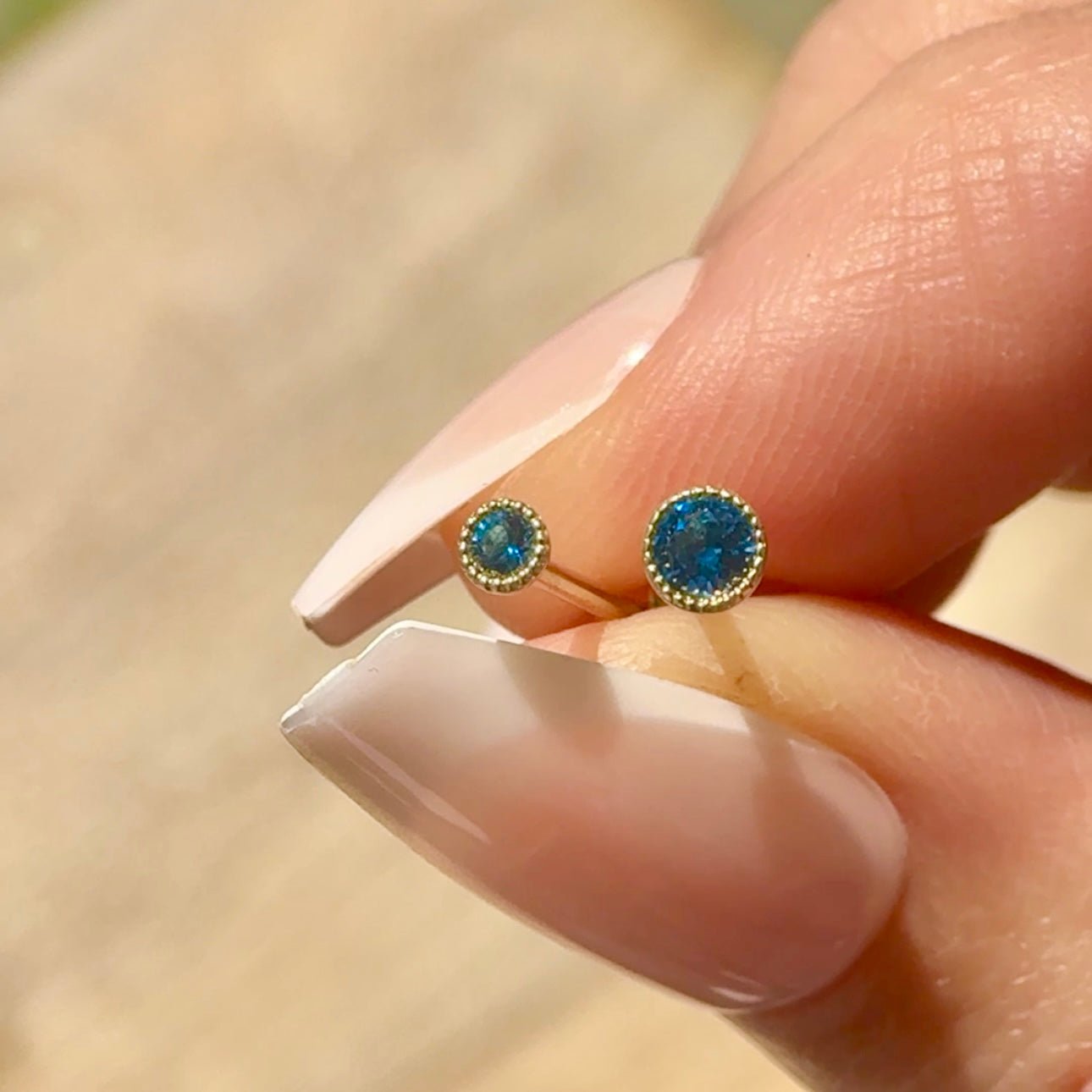 London Blue Topaz Stud Earrings 14k Yellow Gold Milgrain Detail - Perfect for Weddings, Anniversaries & Special Occasions