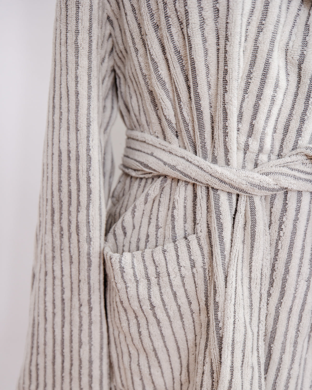 Soft Grey Striped Terry Cloth Bathrobe for Women & Men - Cozy Plush Robe with Pockets - Perfect for Spa, Lounge & After Shower Relaxation at Home