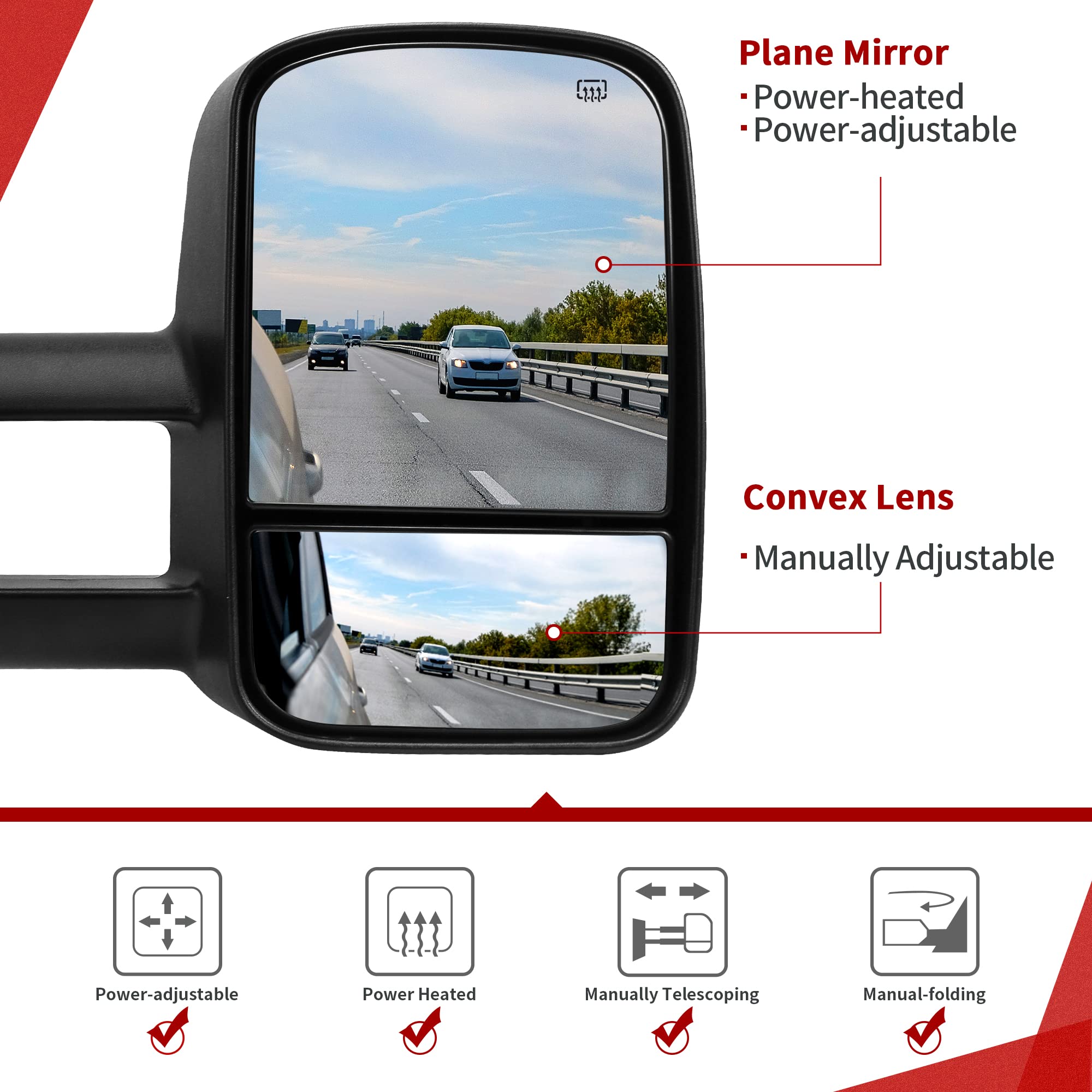 YITAMOTOR Power Heated Telescoping Towing Mirrors for 1999-2002 Chevy Silverado & GMC Sierra 1500/2500/3500, 2000 Chevy Tahoe & GMC Yukon - Manual Folding Tow Mirror Pair Set - Perfect for Towing Trailers, Boats & RVs
