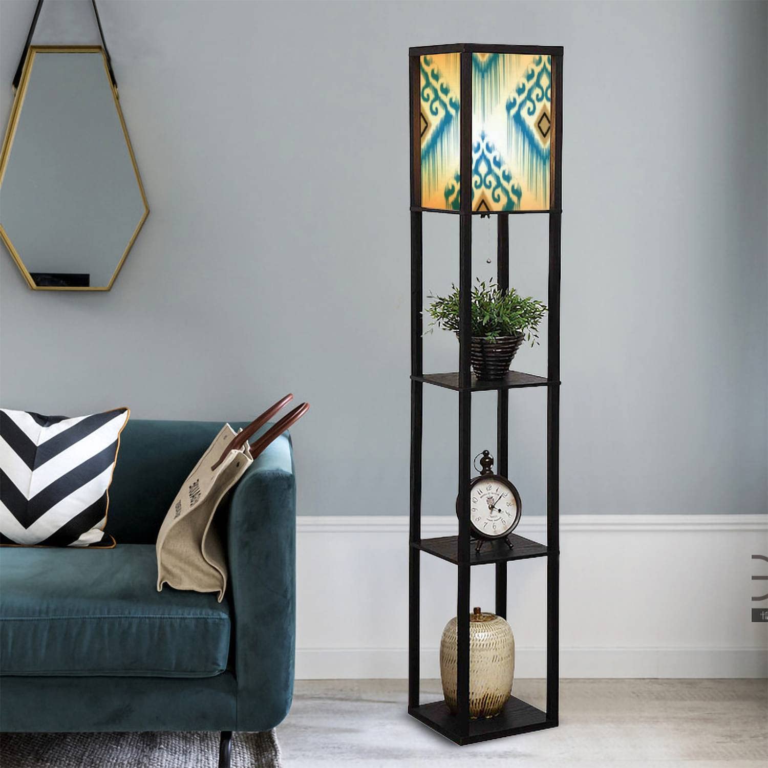 Ethnic Indian Ikat Seamless Design Fabric Carpet Mandala Standing Lamp with Shelves - Flaxen Fabric Shade Floor Lamp for Living Room, Bedroom, Office - Tall Corner Lamp with Aesthetic Decor for Home, Yoga Studio, Meditation Space