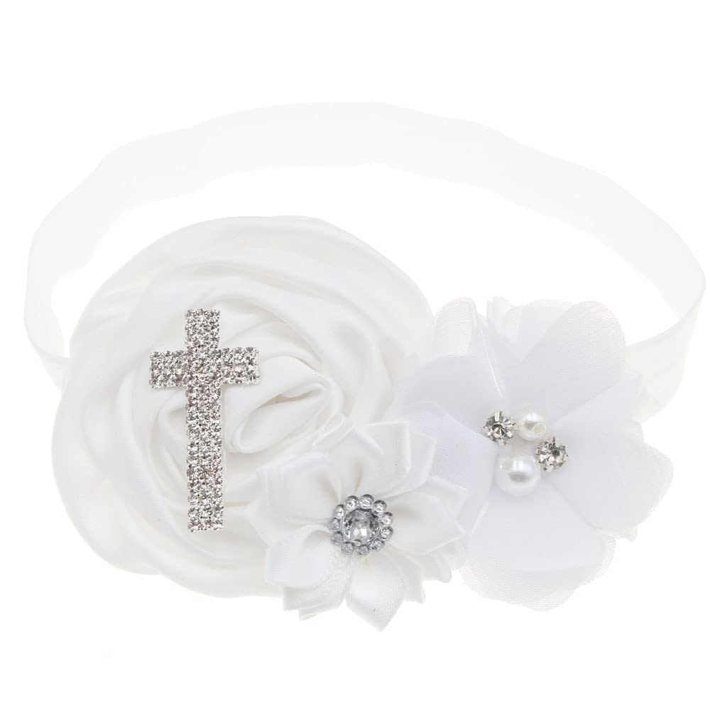 BBTDIN Baptism & Christening Headbands for Baby Girls - Elegant White Lace Hairband with Bow & Cross Design - Perfect for Church Ceremonies, Baby Showers & Special Occasions