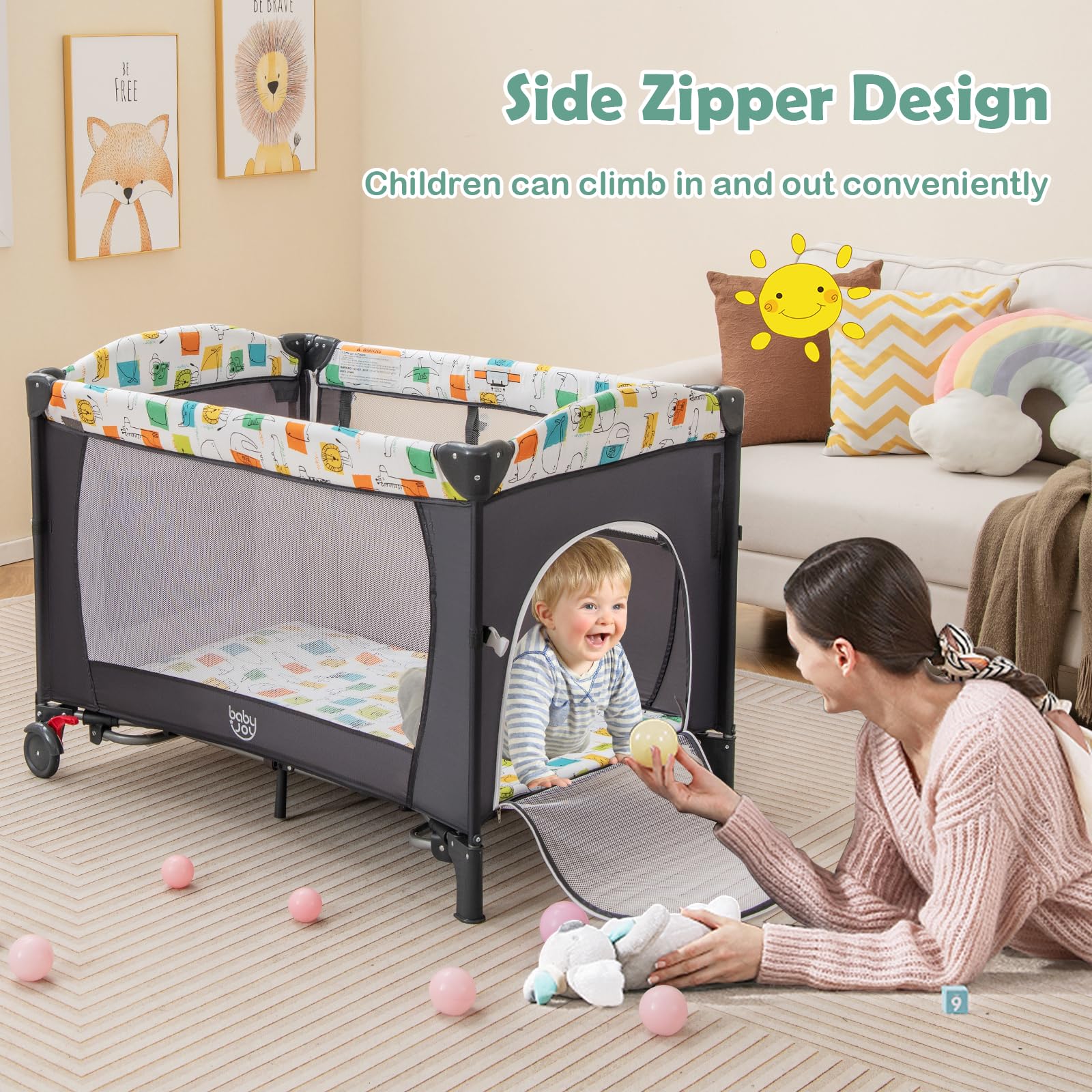 BABY JOY 5-in-1 Pack and Play with Bassinet | Portable Baby Bedside Sleeper & Playard for Newborn to Toddler | U-Shaped Diaper Changer, Safety Strap, Music Box & Hanging Toys | Perfect for Nursery, Travel & On-the-Go Parenting