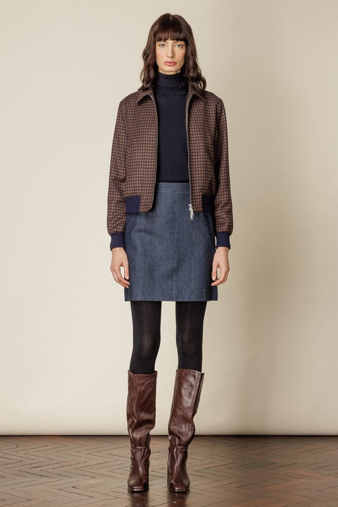 Women's Bomber Jacket - Brown & Navy Houndstooth Wool Coat for Fall & Winter | Stylish Outerwear for Casual Wear, Office & Night Out