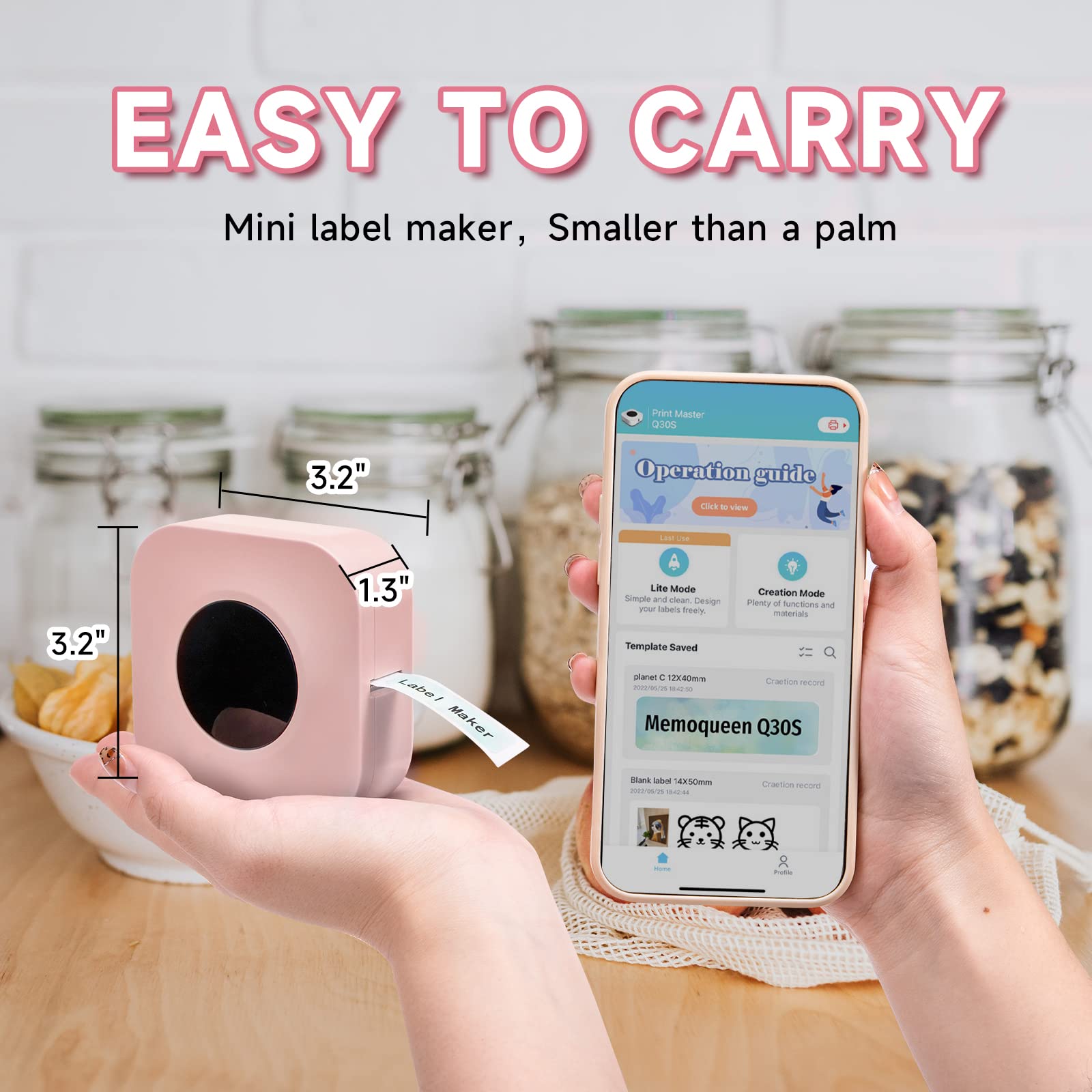 Memoqueen Q30S Bluetooth Label Maker Machine - Handheld Thermal Sticker Printer with 3 Tapes, Multiple Templates & Rich Icons for Home Office Organization (Pink) | Perfect for Shipping Labels, Pantry Organization & Craft Projects
