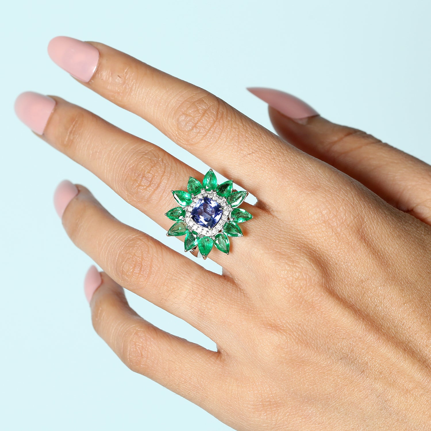Exquisite Cushion Cut Tanzanite Pear Emerald Pave Diamond Ring in 14K White Gold | Elegant Wedding, Engagement & Anniversary Jewelry Gift for Women