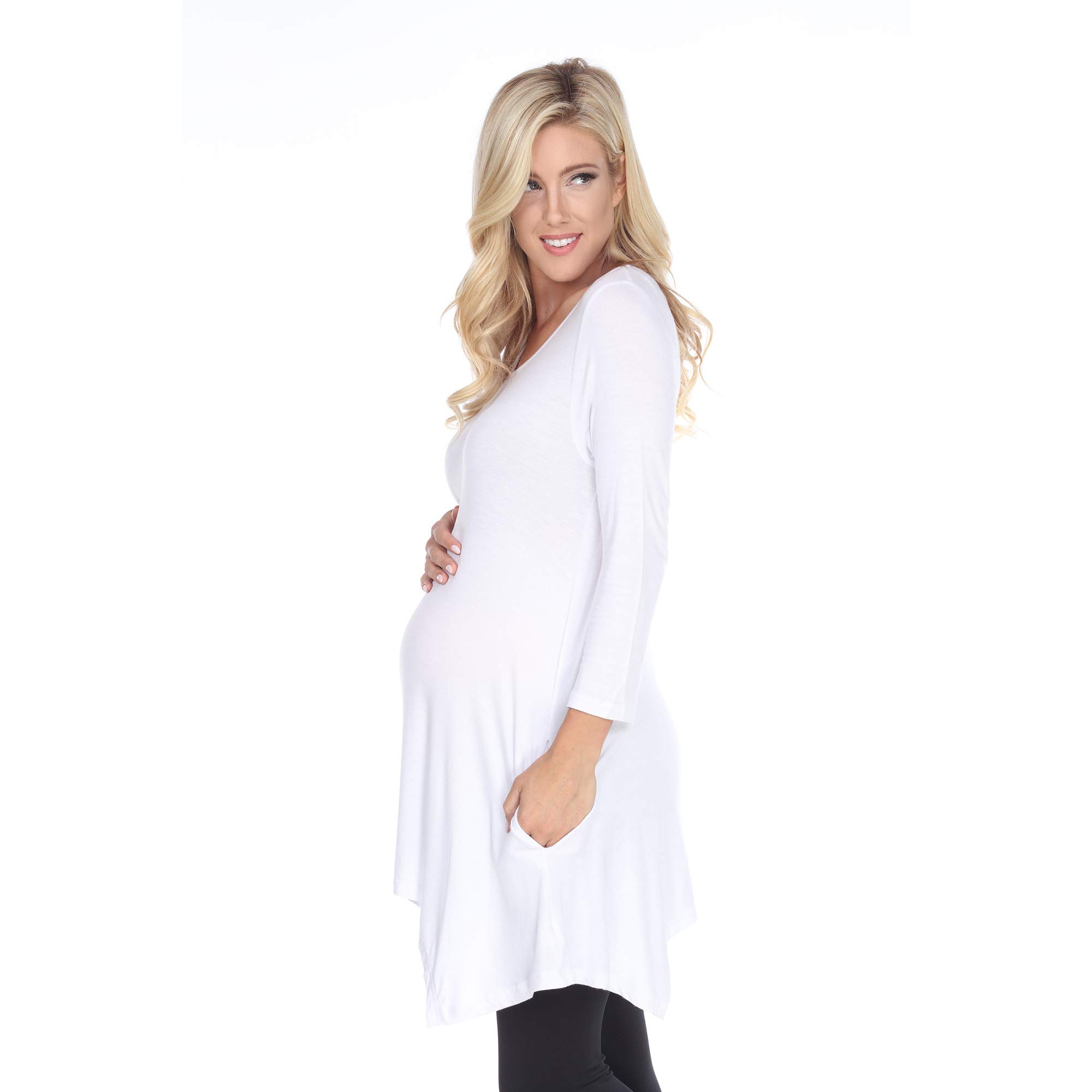 White Mark Women's Maternity Makayla Tunic Top with Shark Bite Hemline & Pockets - Comfortable Pregnancy Blouse for Work, Casual Wear & Nursing