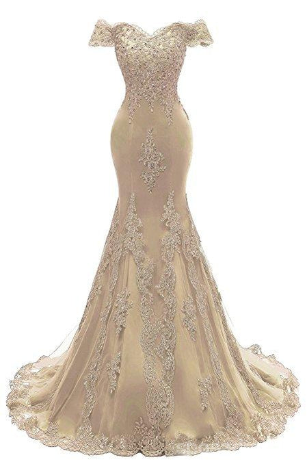 Elegant Off Shoulder Gold Lace Mermaid Evening Gown - Formal Prom Dress for Women | Perfect for Weddings, Galas & Special Occasions