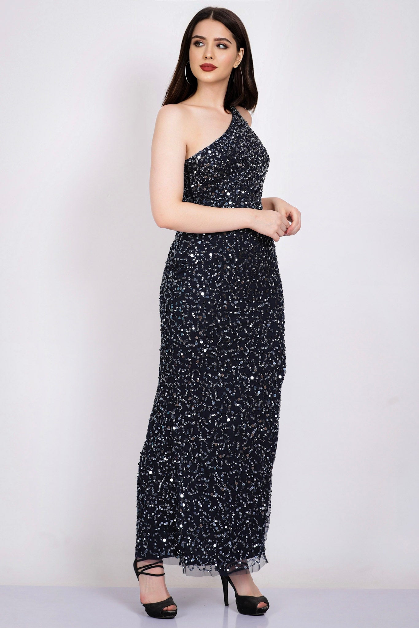 Navy Blue One Shoulder Sequin Party Dress for Women - Elegant Evening Gown for Prom, Cocktail, Wedding & Special Occasions