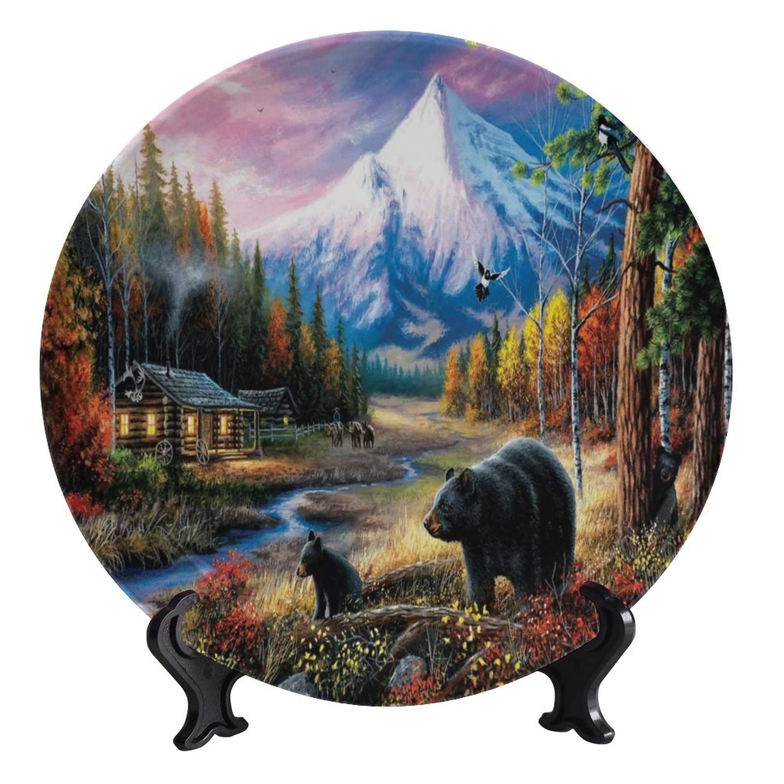 Ousente 10 Inch Handmade Ceramic Decorative Plate - Natural Landscape Mountain Hut Design for Wall Hanging & Home Display | Perfect for Living Room, Bedroom, or Office Decor