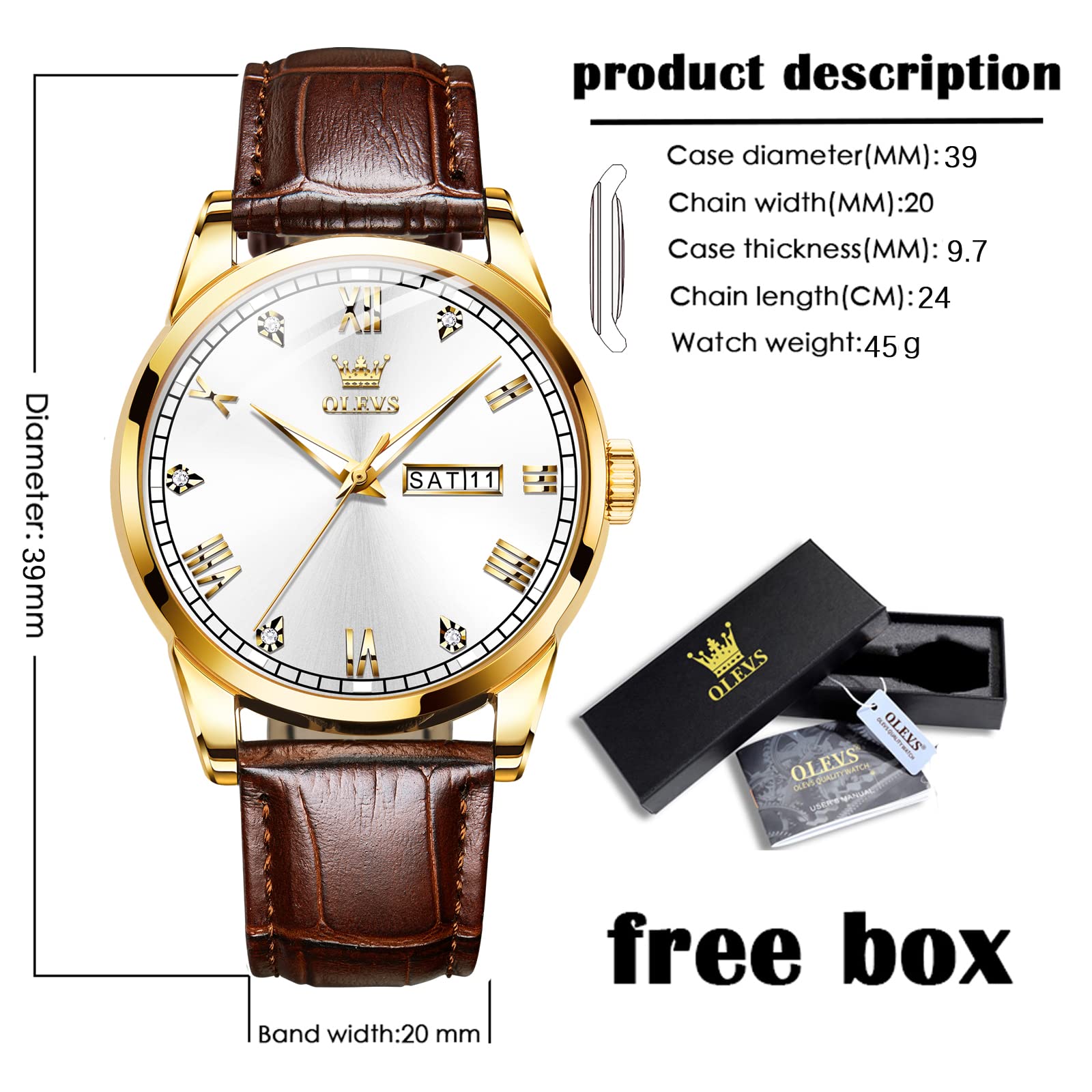 OLEVS Men's Brown Leather Watch with Luminous Hands, Rose Gold Day Date Quartz Dress Watch - Waterproof & Stylish for Business, Casual & Formal Occasions