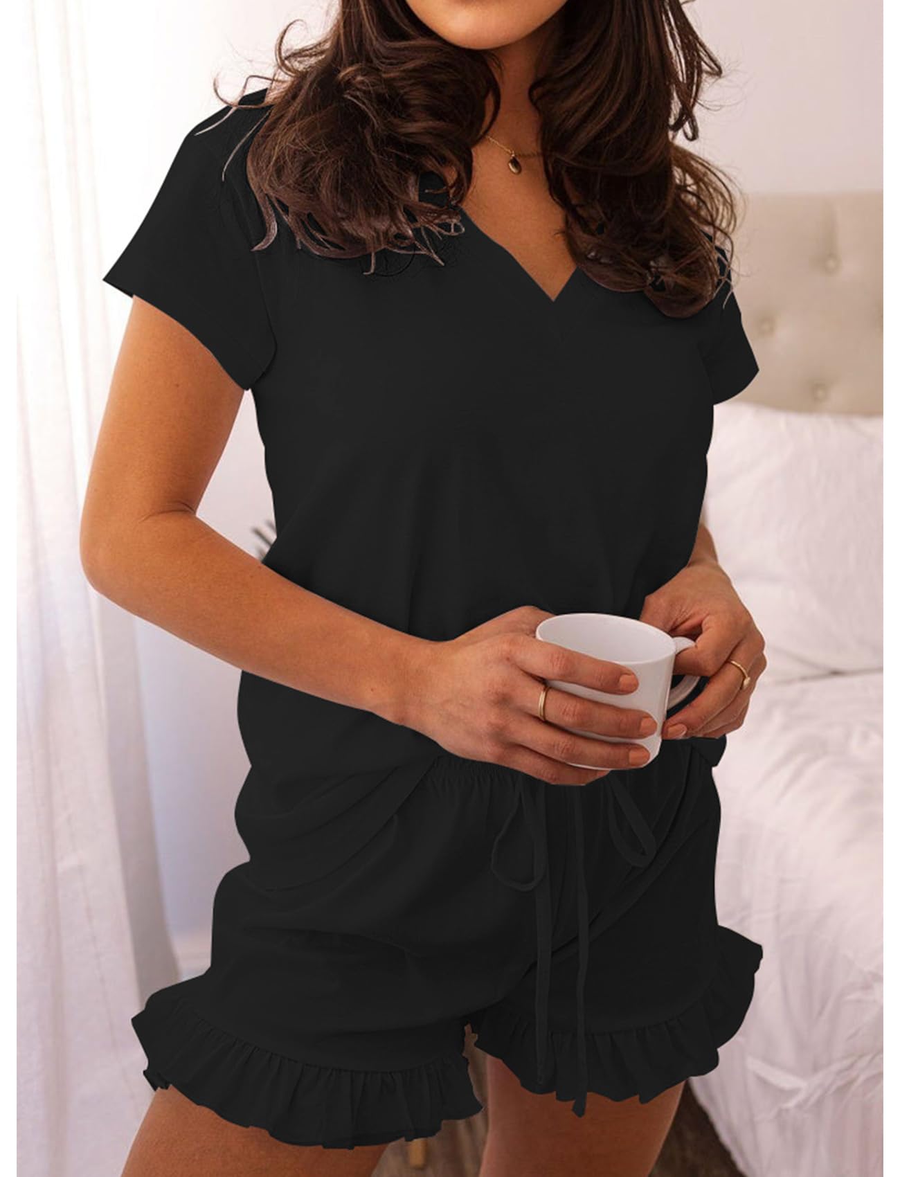 LuckyMore Women's Soft Short Sleeve V-Neck Pajama Set - Breathable Lounge Sleepwear with Casual Shorts for Summer Nights & Relaxing at Home