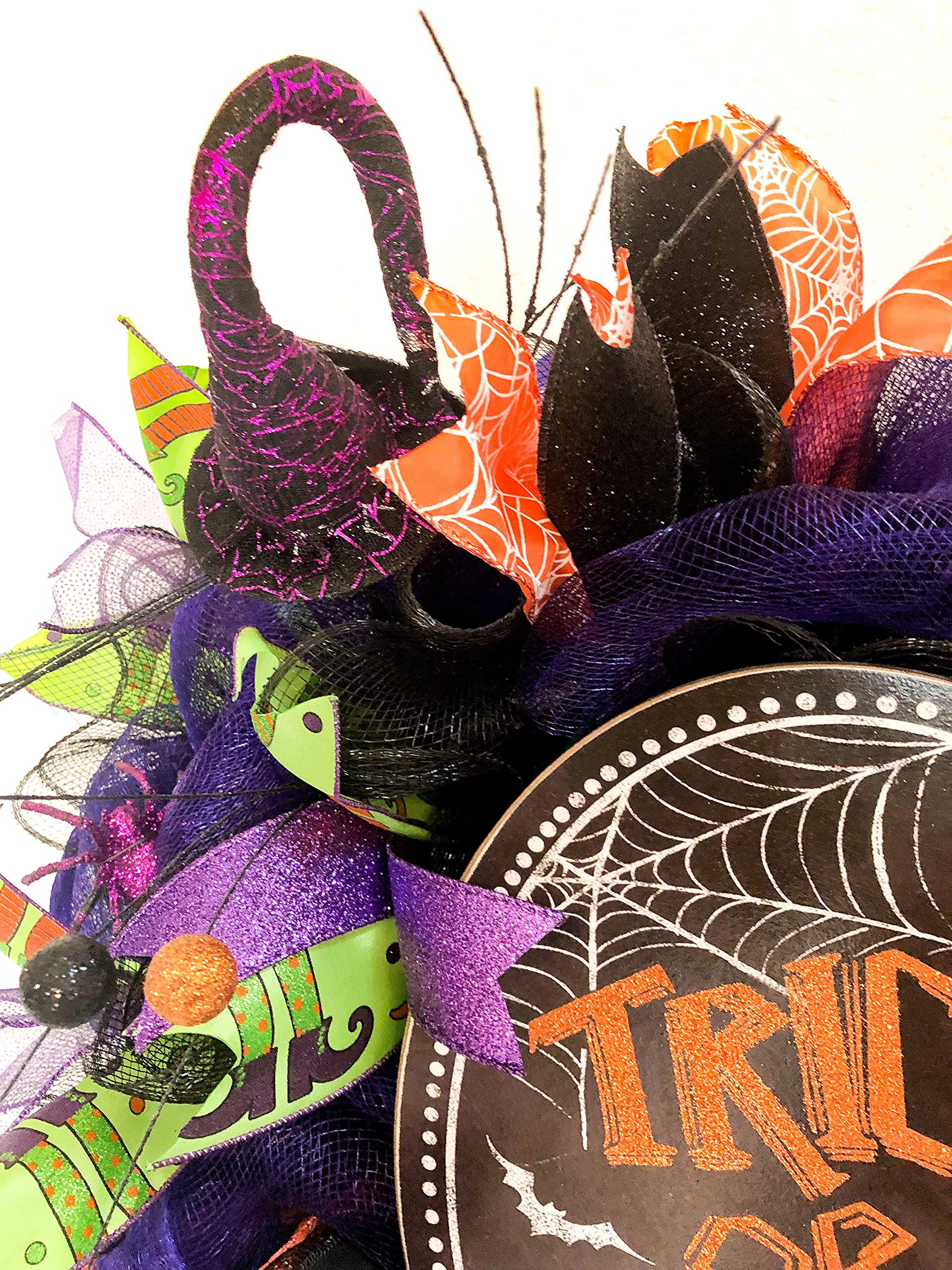 Halloween Wreath - Handmade Trick or Treat Deco Mesh Wreath for Front Door Decor, Halloween Party & Home Decoration