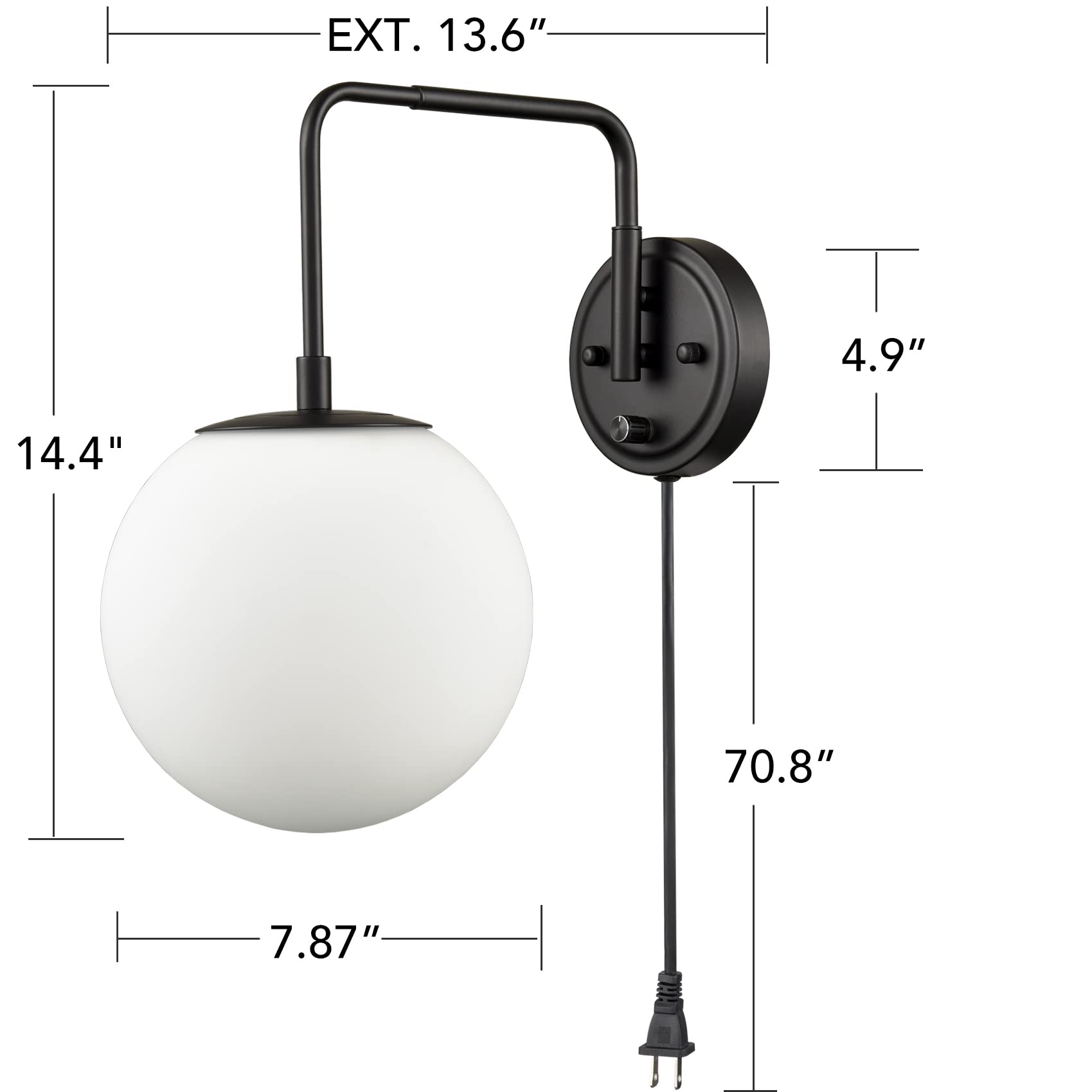 DAYCENT Farmhouse Plug-in Wall Sconces - Black Swing Arm Globe Wall Lights with On/Off Switch & Cord - Perfect for Bedroom, Living Room & Hallway Lighting