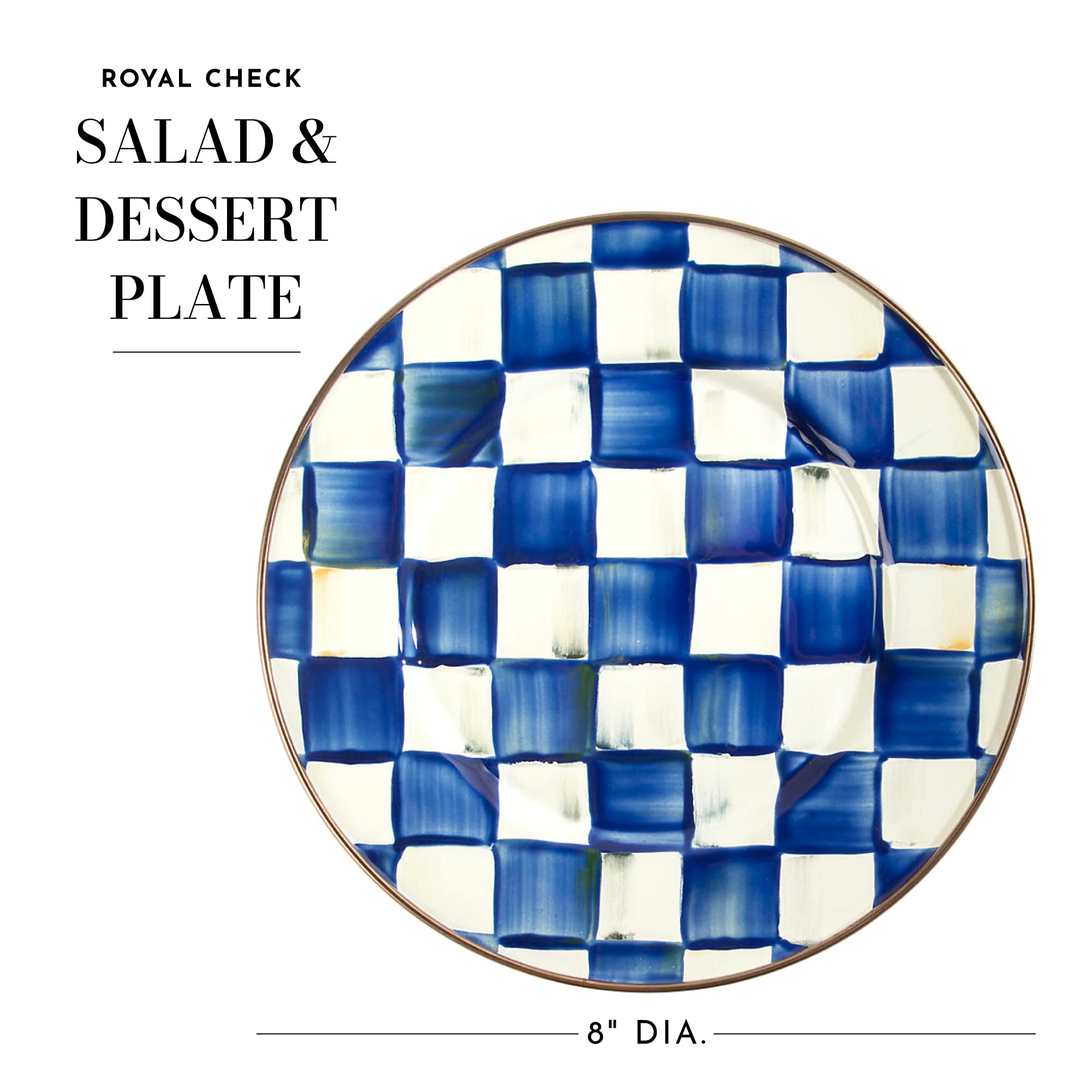 MACKENZIE-CHILDS 8-Inch Enamel Salad and Dessert Plate - Blue-and-White Royal Check Design - Perfect for Appetizers, Cakes, and Small Dishes - Elegant Table Setting for Parties, Tea Time, and Home Decor