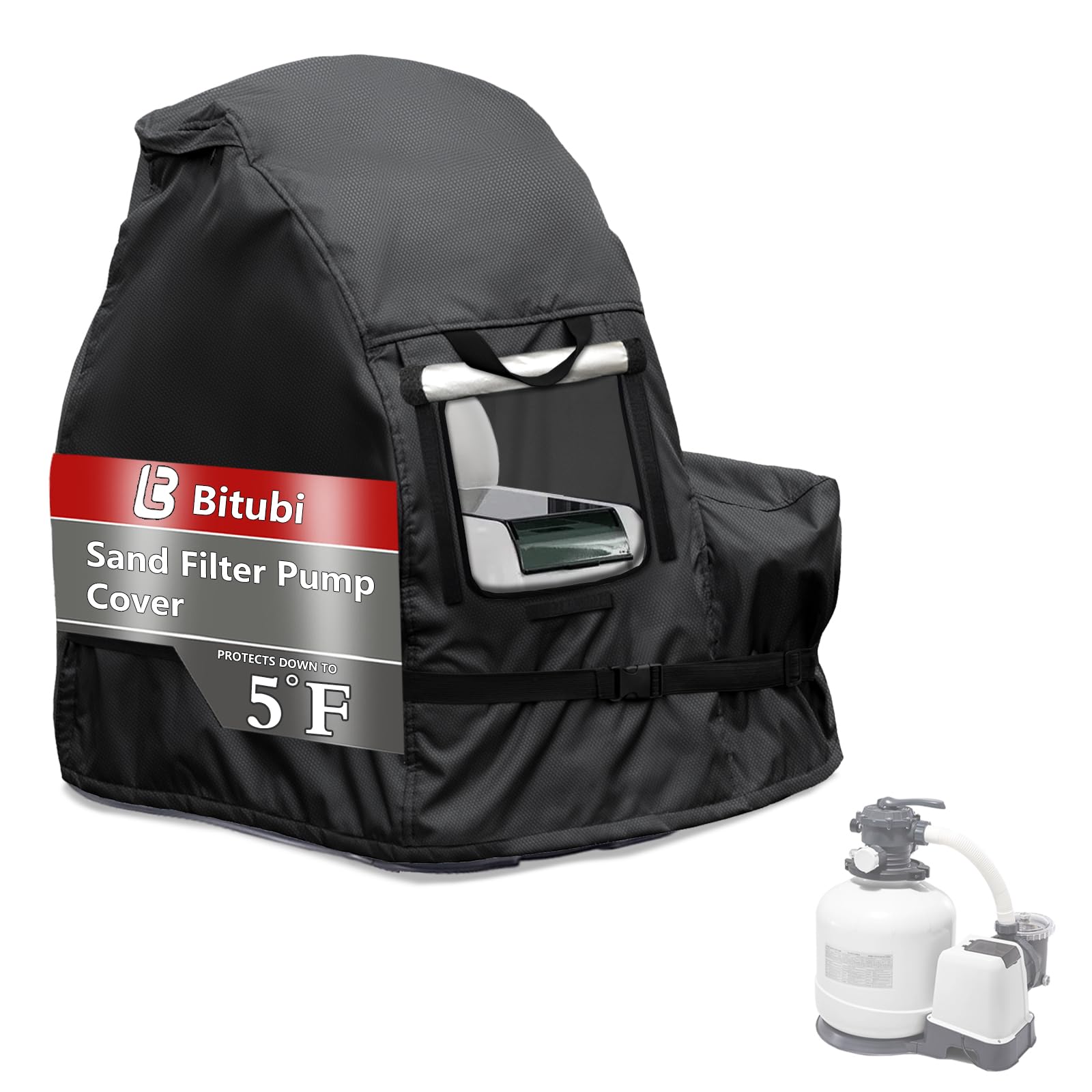 Bitubi Sand Filter Pump Winter Cover with Plush Lining - Waterproof Above Ground Pool Pump Cover for Snow & Sun Protection - Universal Black Design - Perfect for Winterizing and Protecting Pool Equipment from Harsh Weather