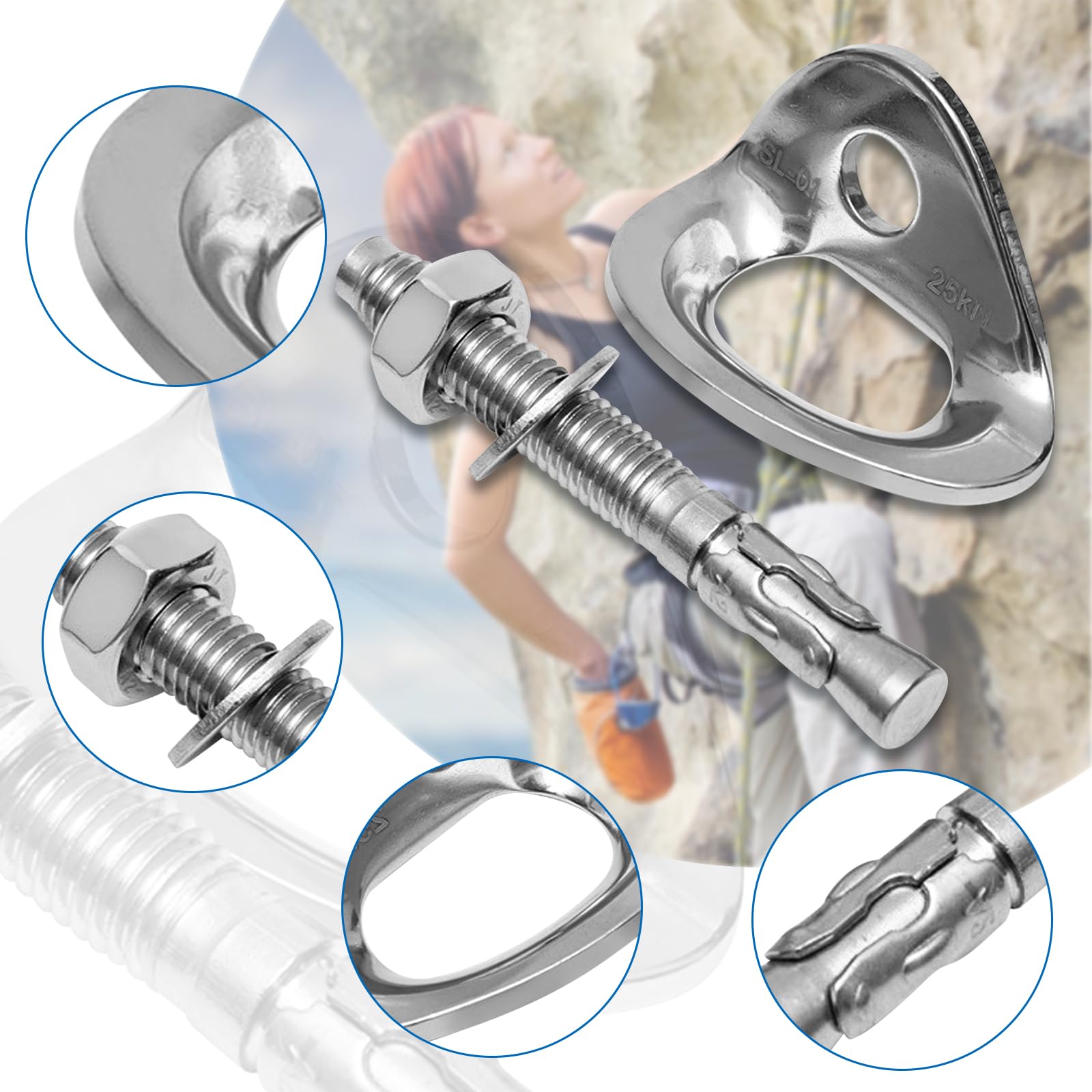 25KN Heavy Duty 316 Stainless Steel Climbing Anchor Bolt Hanger - 8 Pack for 10mm/3/8