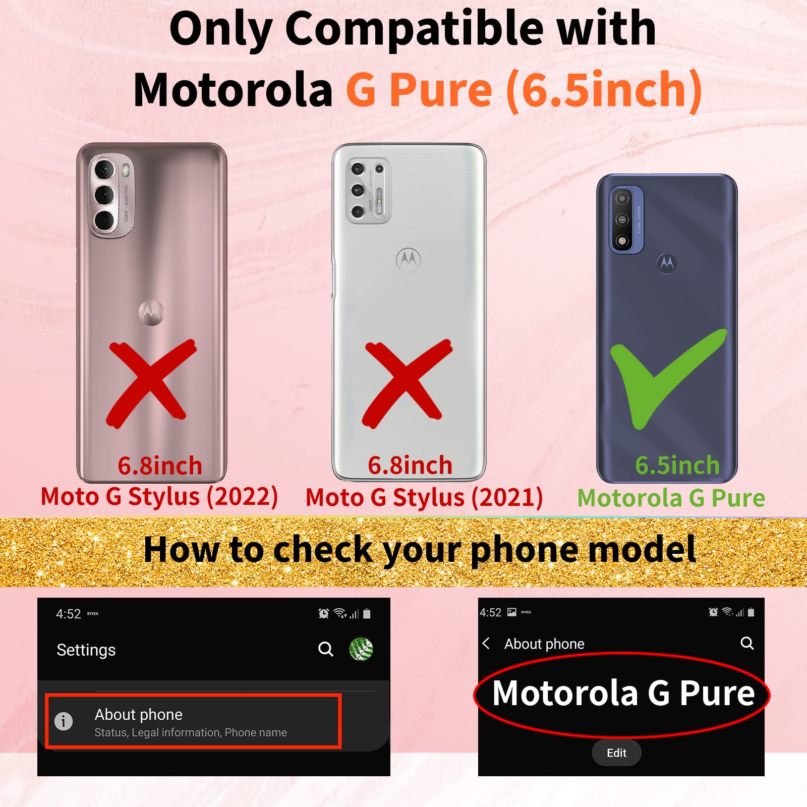 3-in-1 Luxury Heart Pattern Phone Case for Motorola Moto G Pure 2021 (6.5 Inch) - Cute Aesthetic Love Design with Screen Protector & Chain - Perfect Gift for Women & Girls (Black/Gold) | Everyday Protection & Stylish Accessory