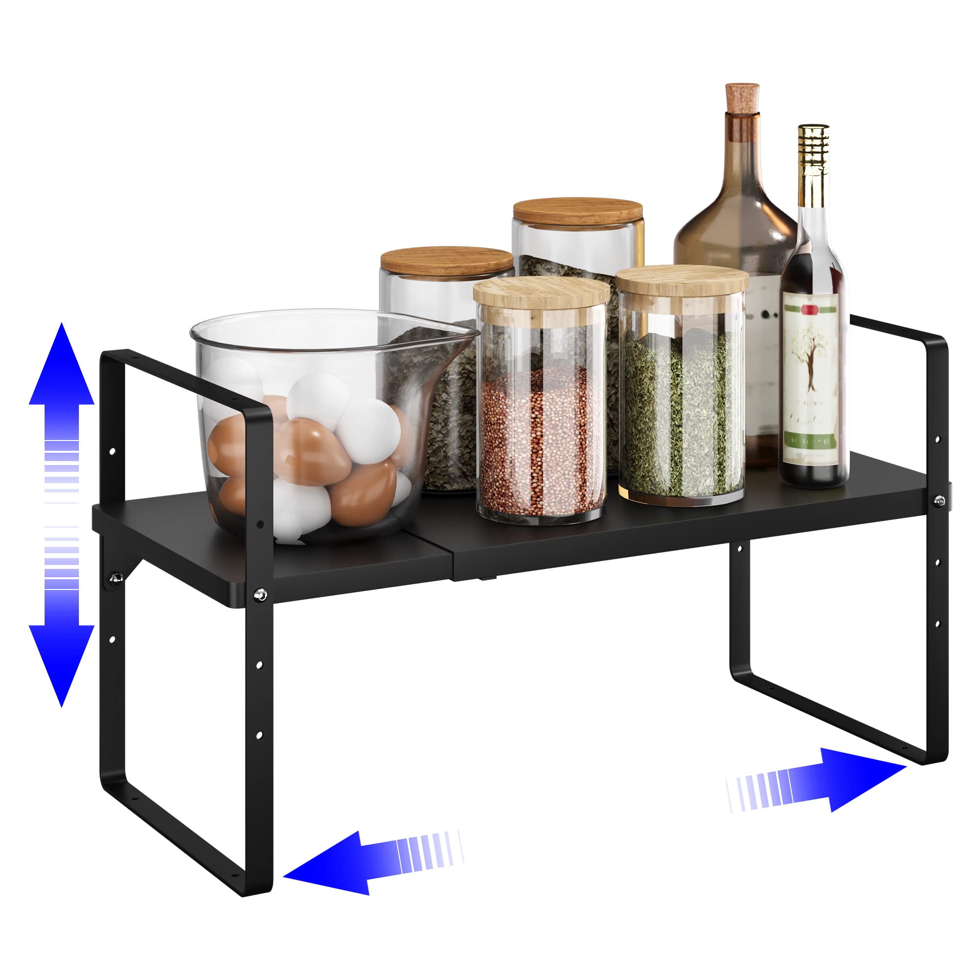 Expandable Cabinet Shelf Organizer - Stackable Kitchen Pantry Storage Rack, Adjustable Closet & Cupboard Stand with 80LBS Capacity - Perfect for Spice Organization & Small Space Storage (Black, 1 Pack) - Ideal for Kitchen Counter, Pantry Shelving & Bathroom Organization