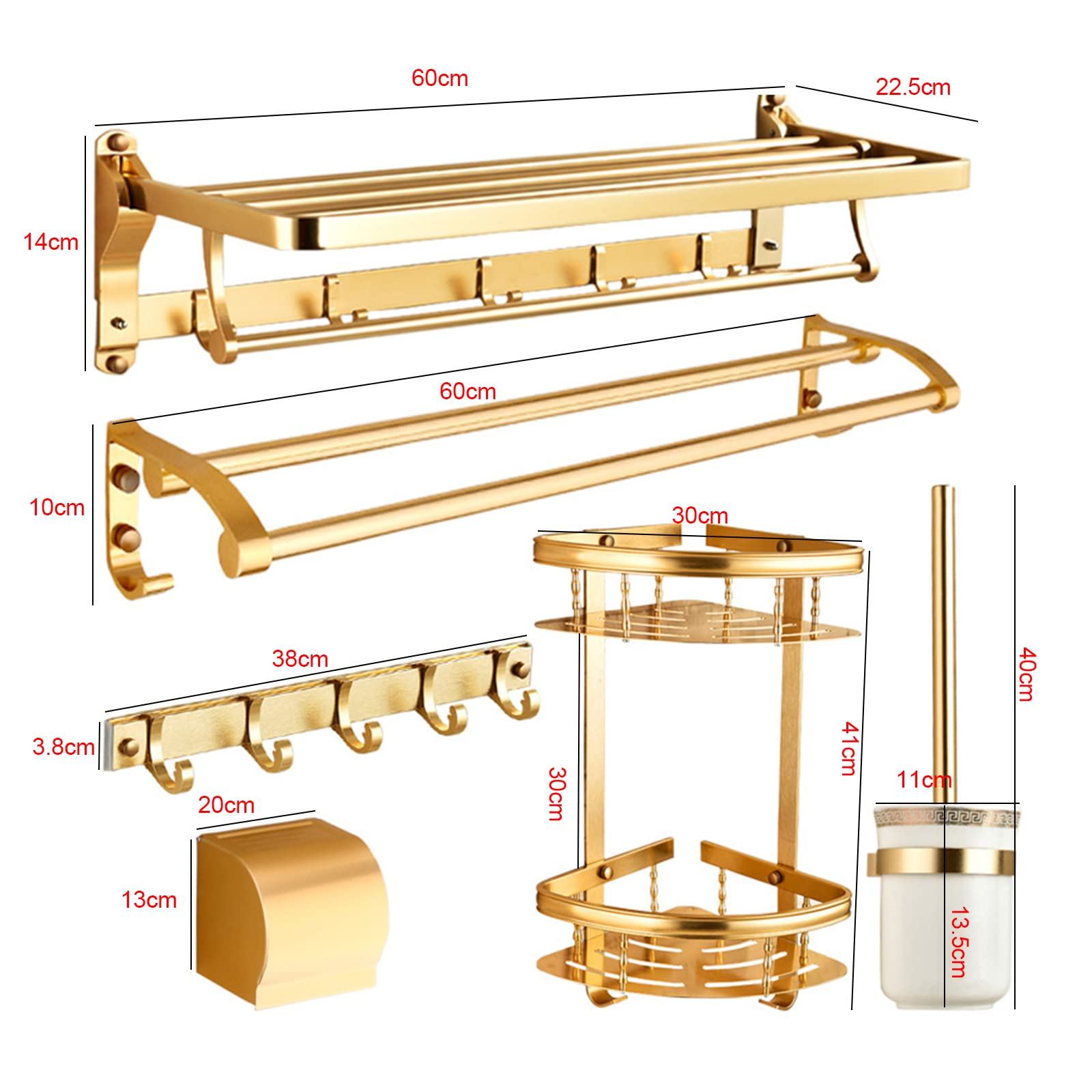 6Pcs Aluminum Bathroom Hardware Set - Wall Mount Towel Rack, Double Towel Holder, Hooks, Toilet Brush & Roll Tray | Modern Bathroom Organization for Home, Apartment & Hotel Use